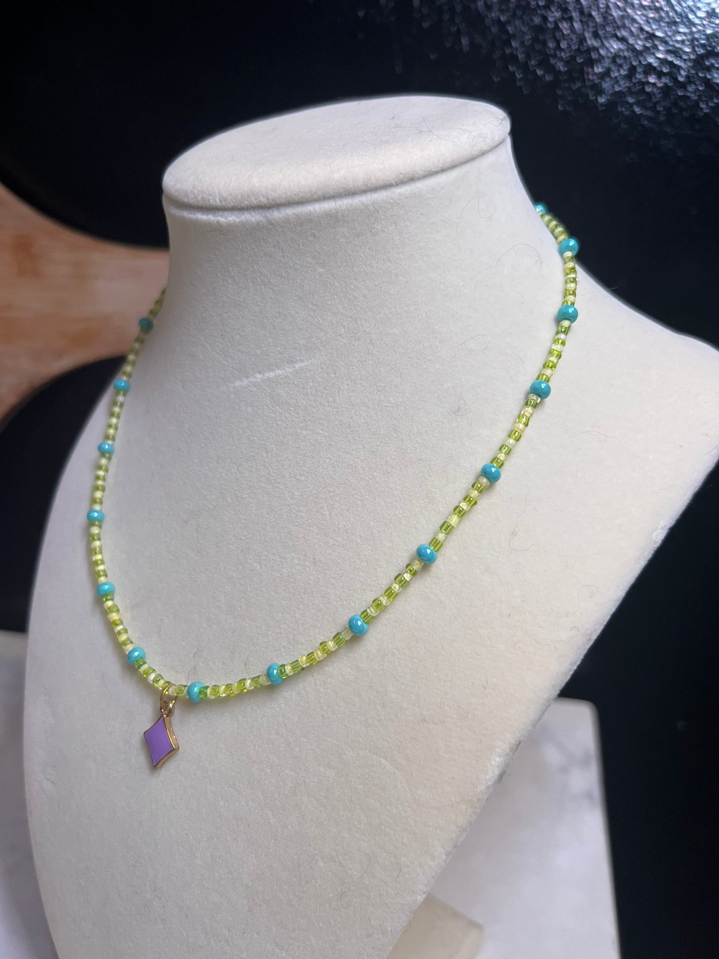 Diamond pendant glass bead necklace