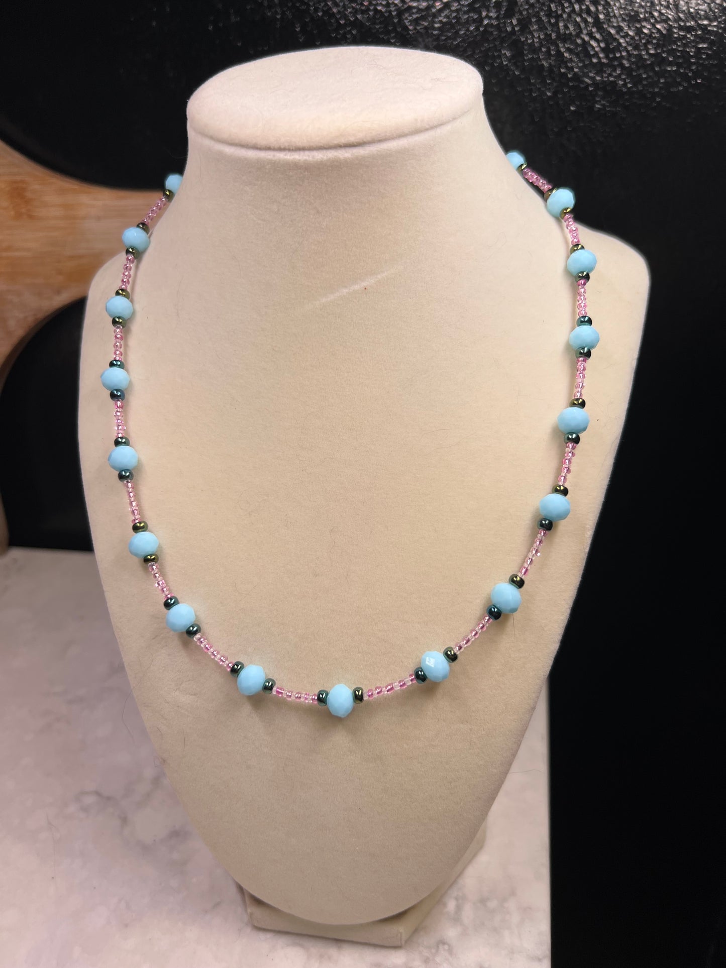Blue and pink glass beaded neacklace