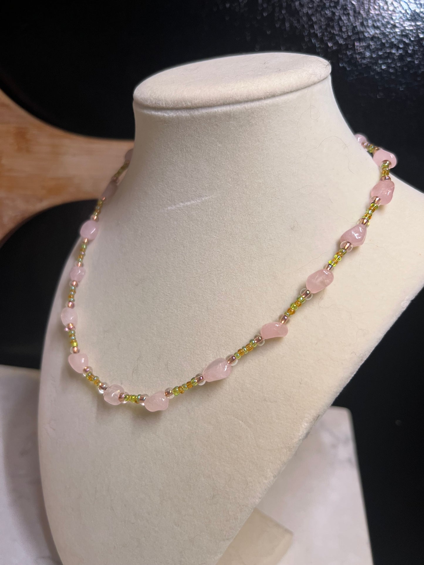 Pink and green glass bead necklace