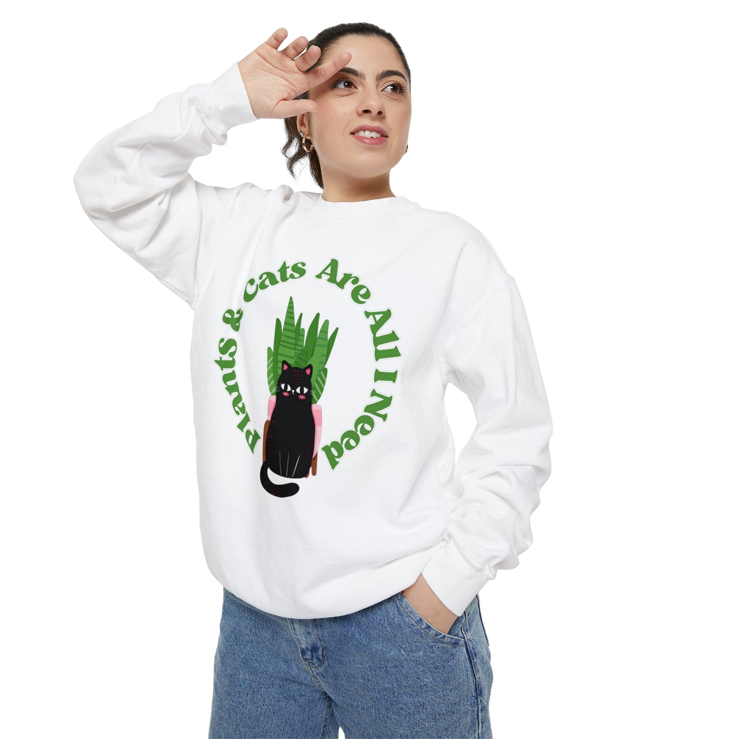 Plants & Cats Are All I Need Unisex Garment-Dyed Crewneck