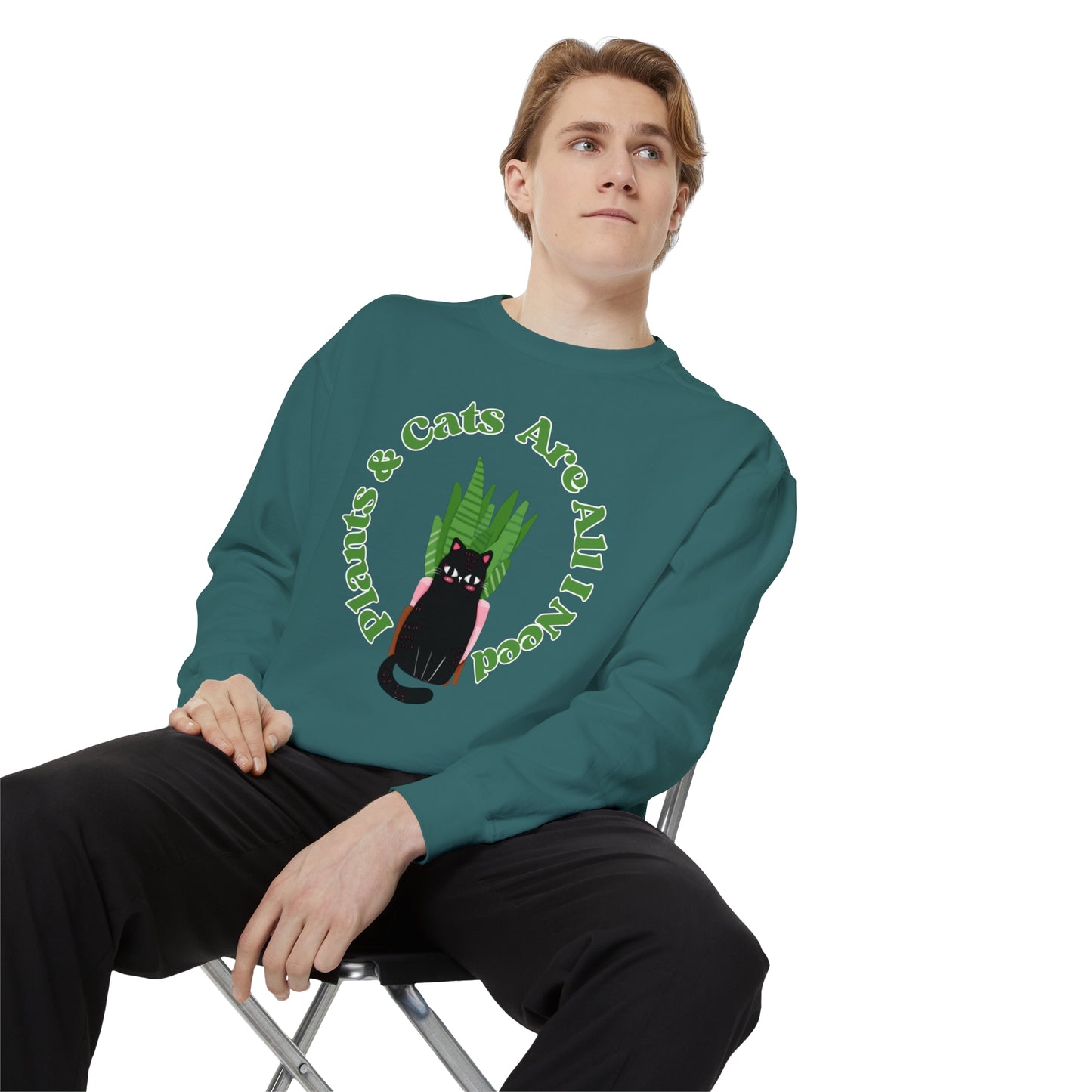 Plants & Cats Are All I Need Unisex Garment-Dyed Crewneck