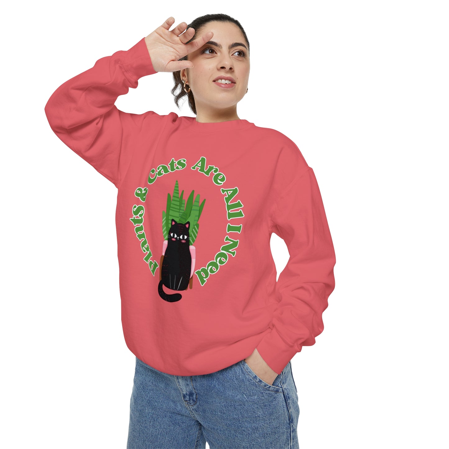 Plants & Cats Are All I Need Unisex Garment-Dyed Crewneck