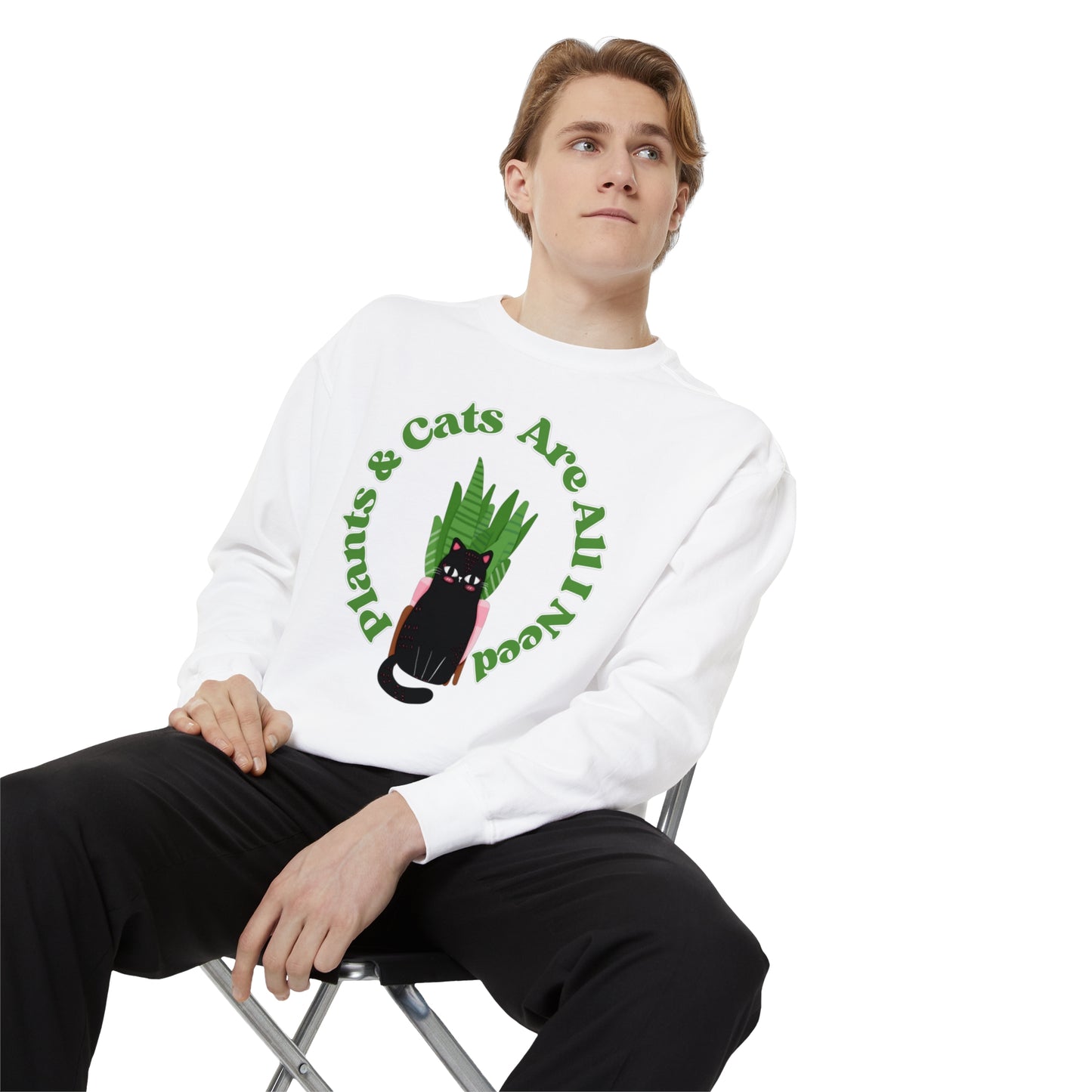 Plants & Cats Are All I Need Unisex Garment-Dyed Crewneck