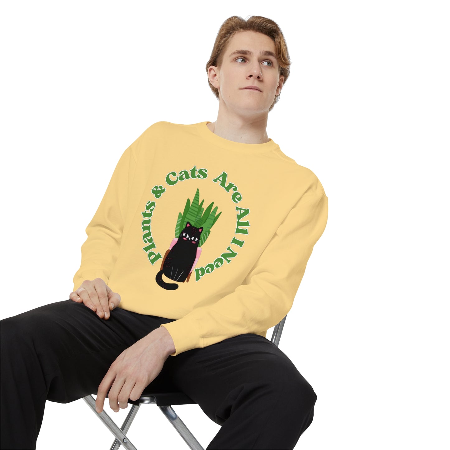 Plants & Cats Are All I Need Unisex Garment-Dyed Crewneck