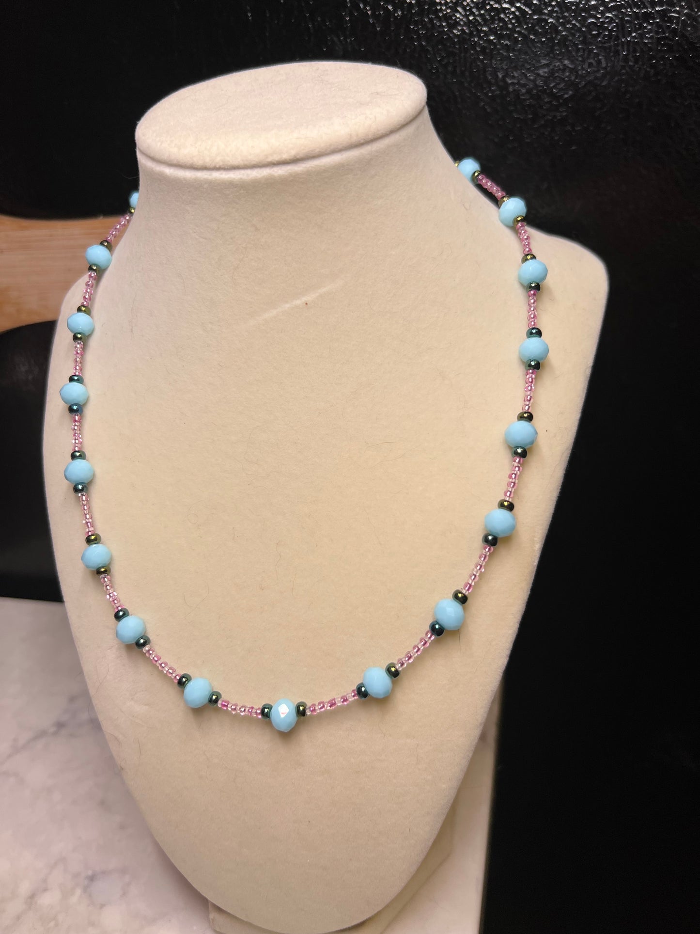 Blue and pink glass beaded neacklace