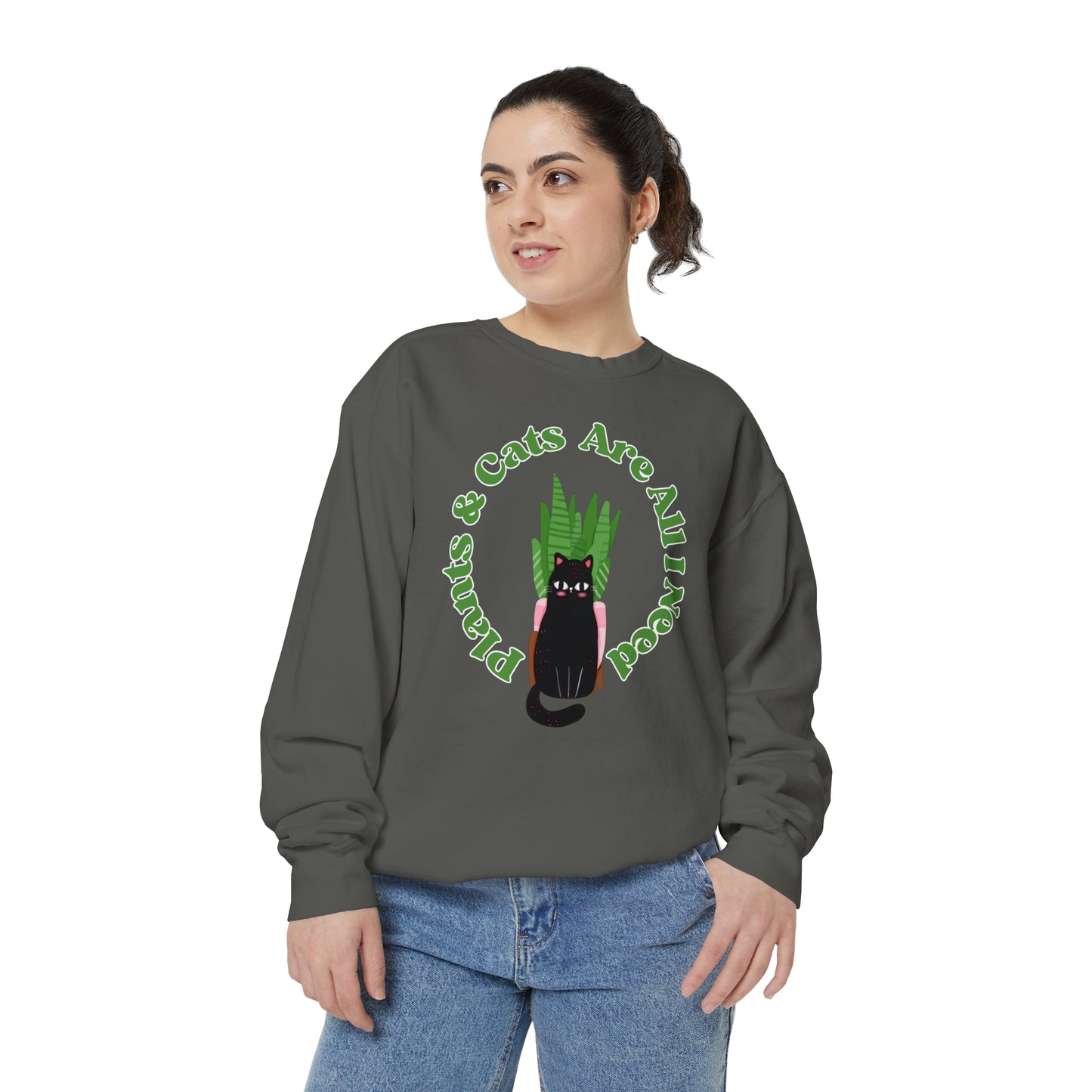Plants & Cats Are All I Need Unisex Garment-Dyed Crewneck