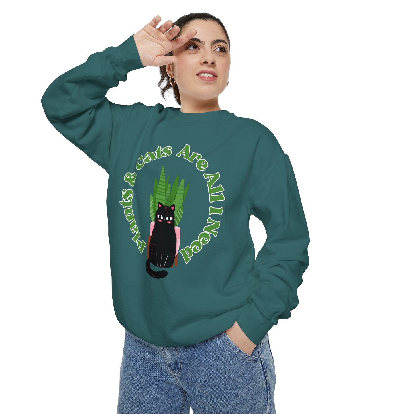 Plants & Cats Are All I Need Unisex Garment-Dyed Crewneck