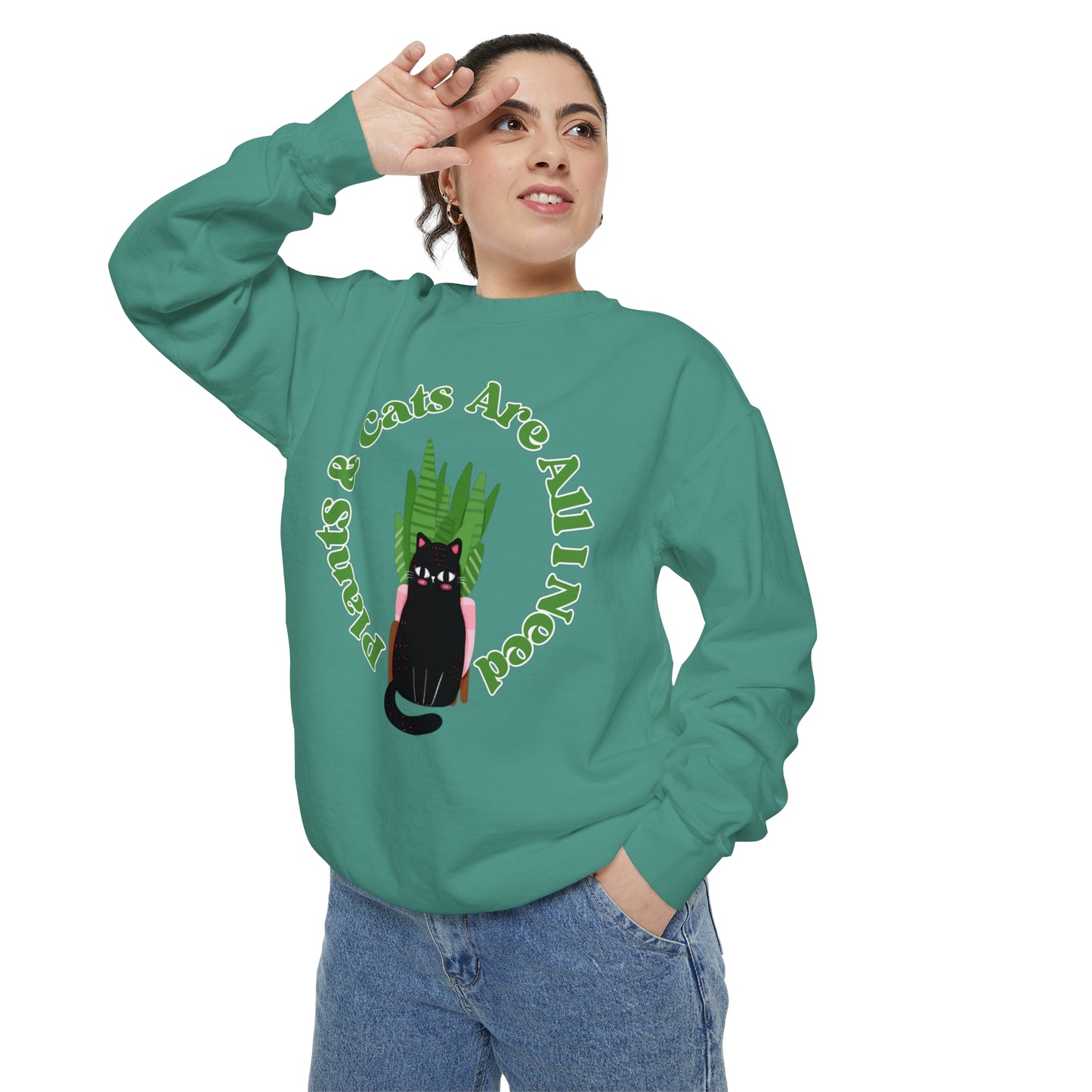 Plants & Cats Are All I Need Unisex Garment-Dyed Crewneck