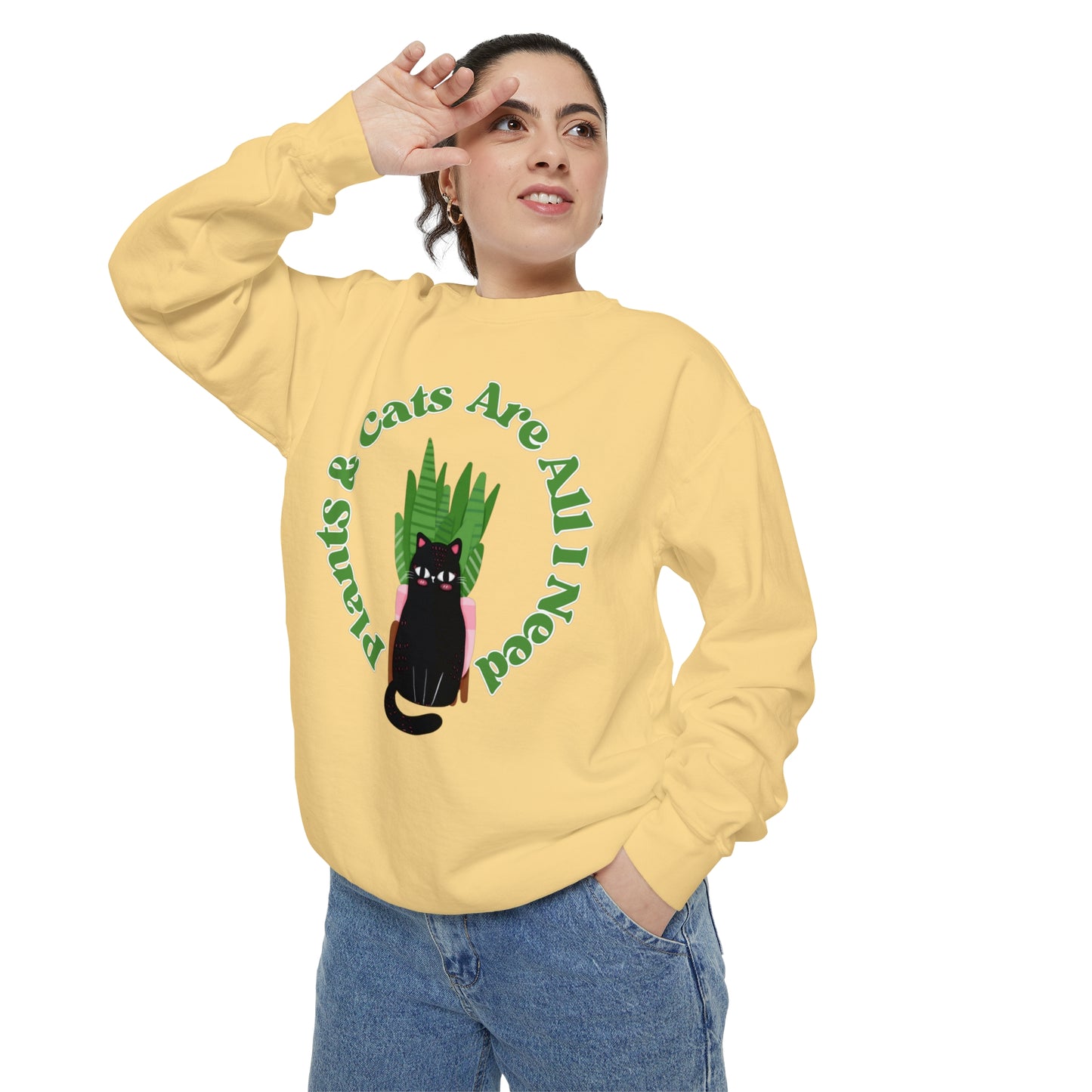 Plants & Cats Are All I Need Unisex Garment-Dyed Crewneck