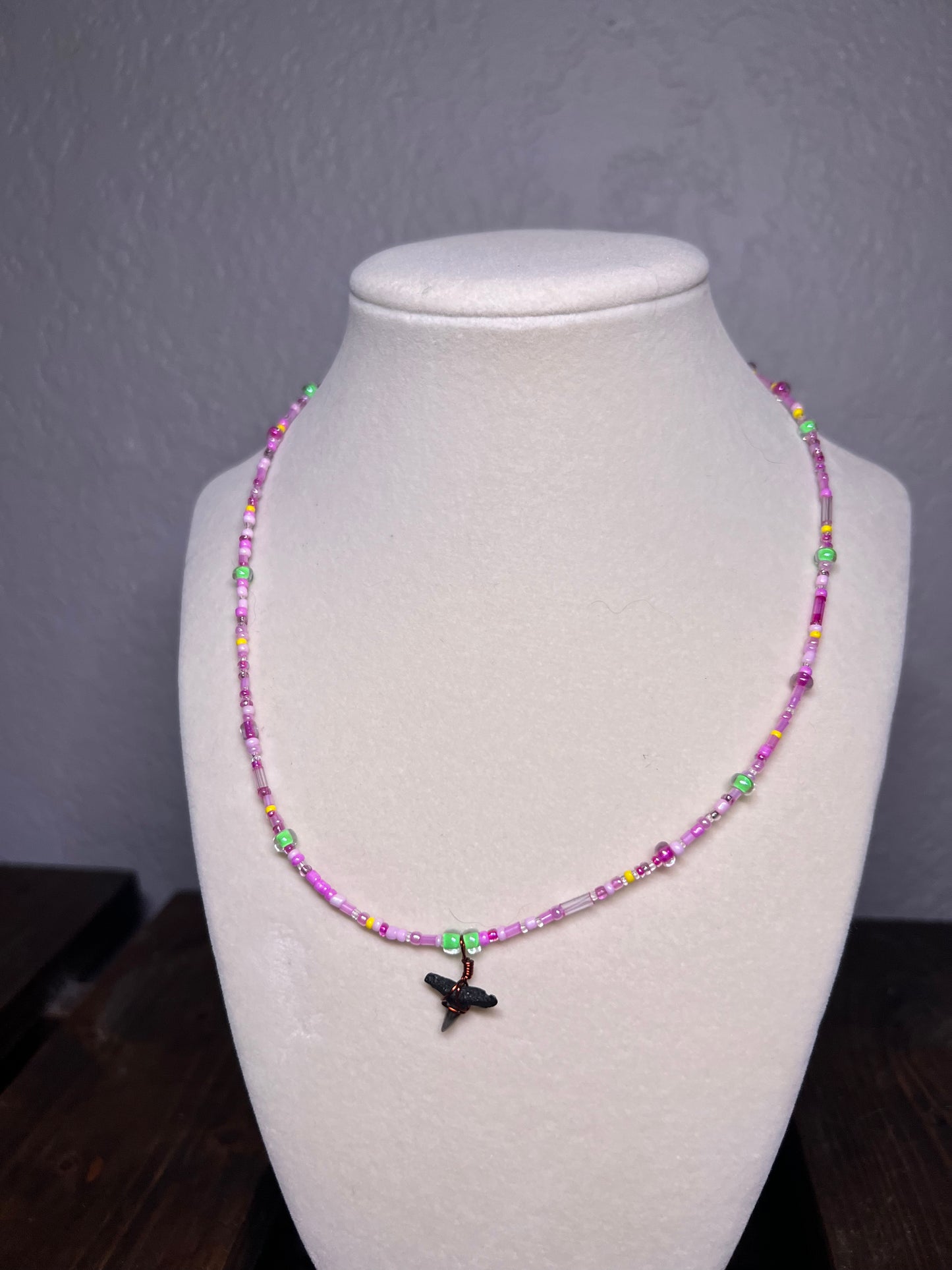 Wire wrapped sharks tooth beaded necklace