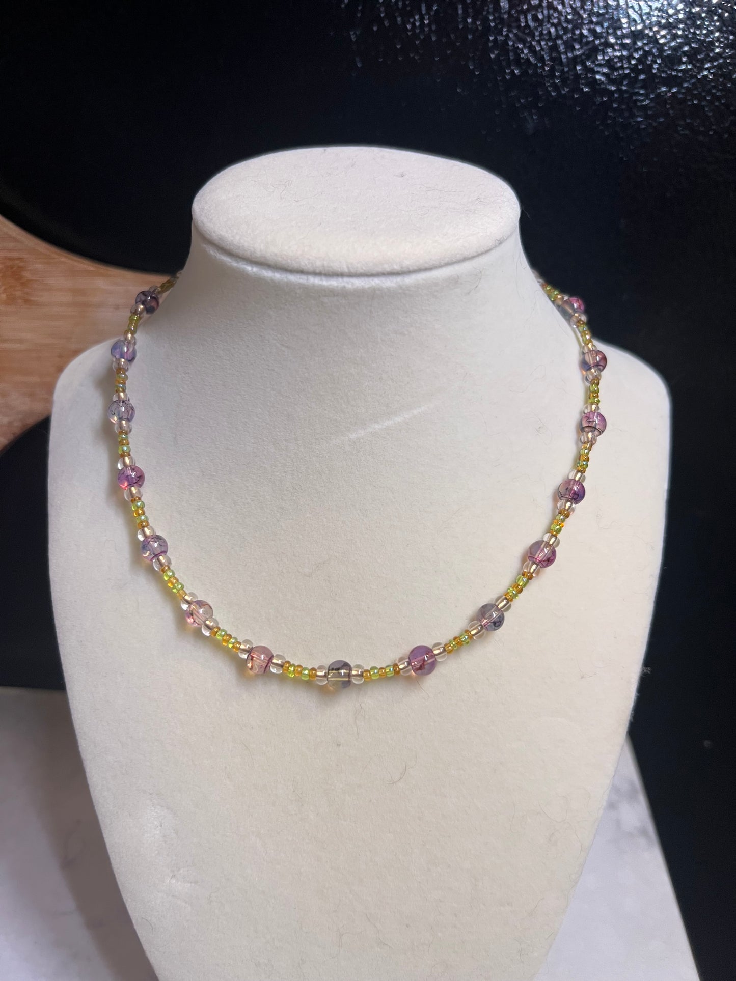 Purple and yellow glass bead necklace