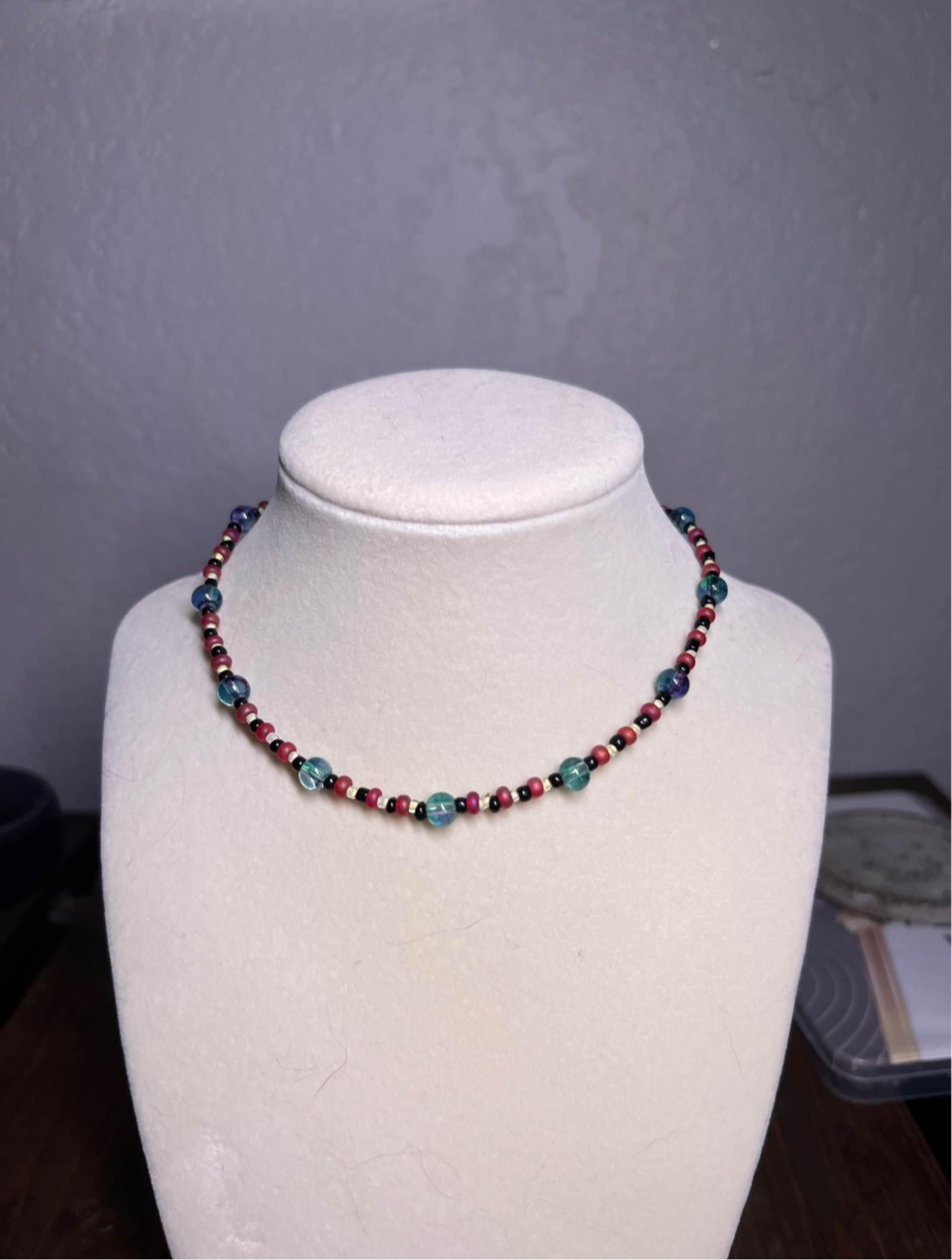 Red and blue glass bead choker