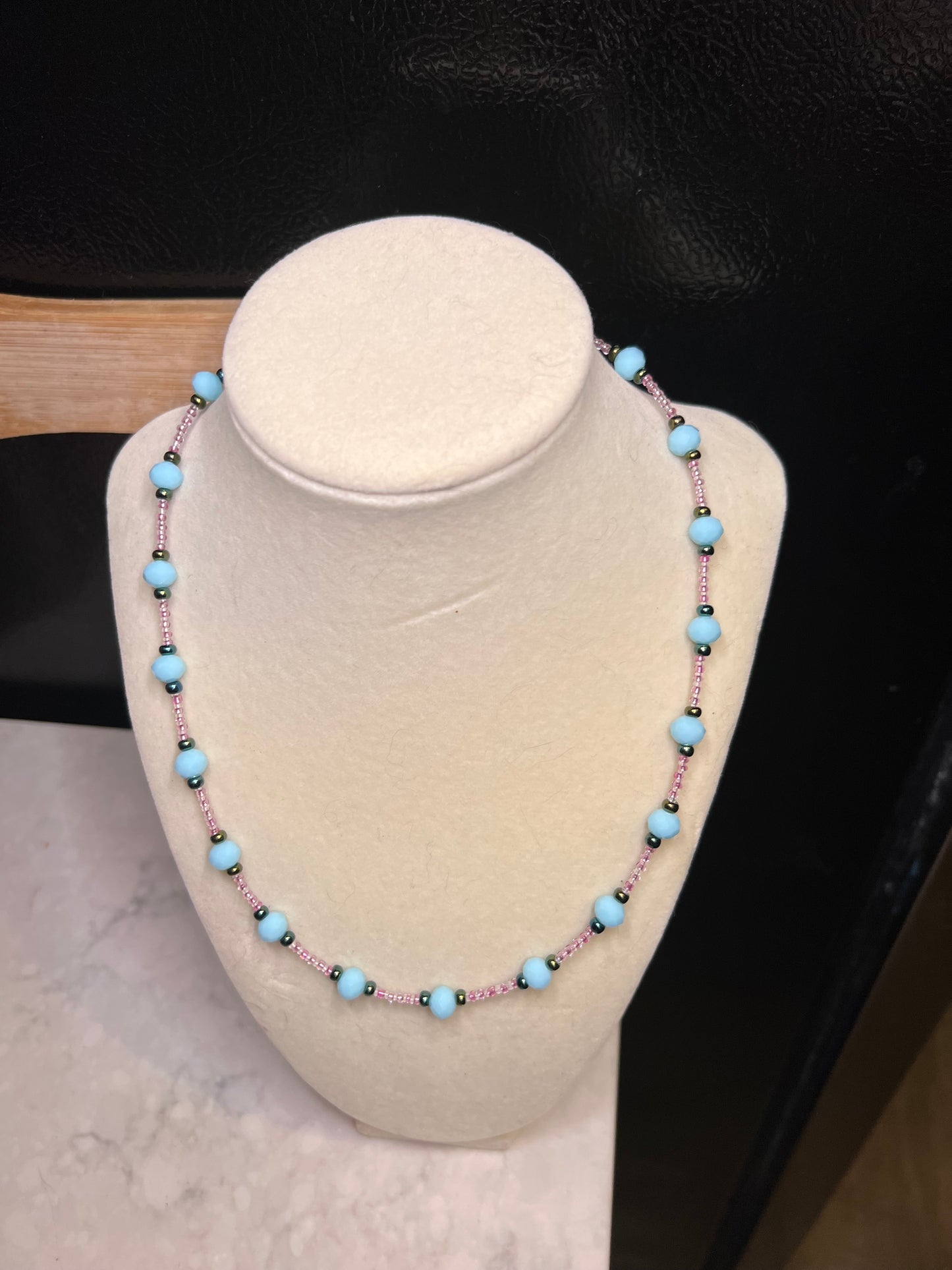 Blue and pink glass beaded neacklace