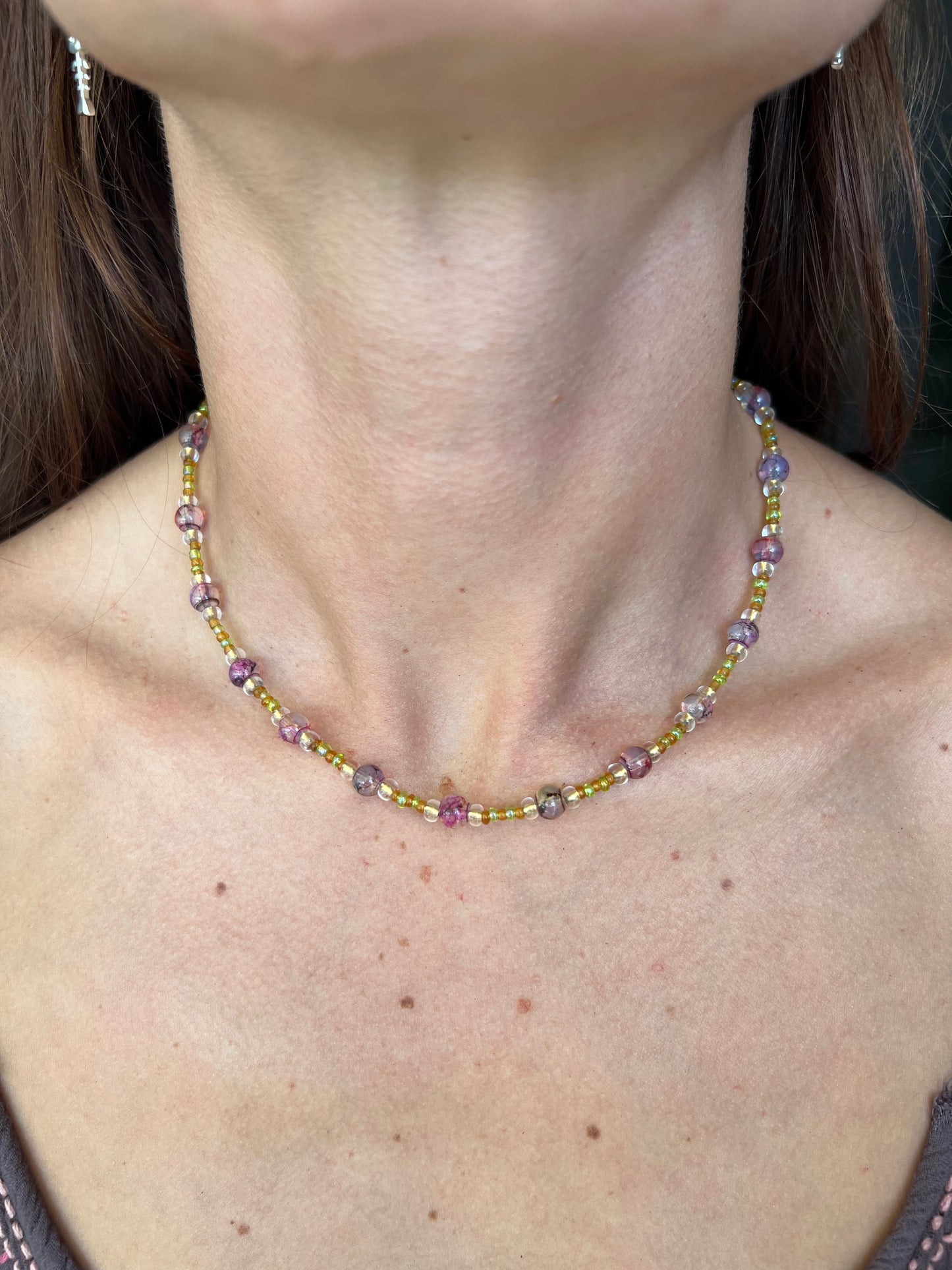 Purple and yellow glass bead necklace