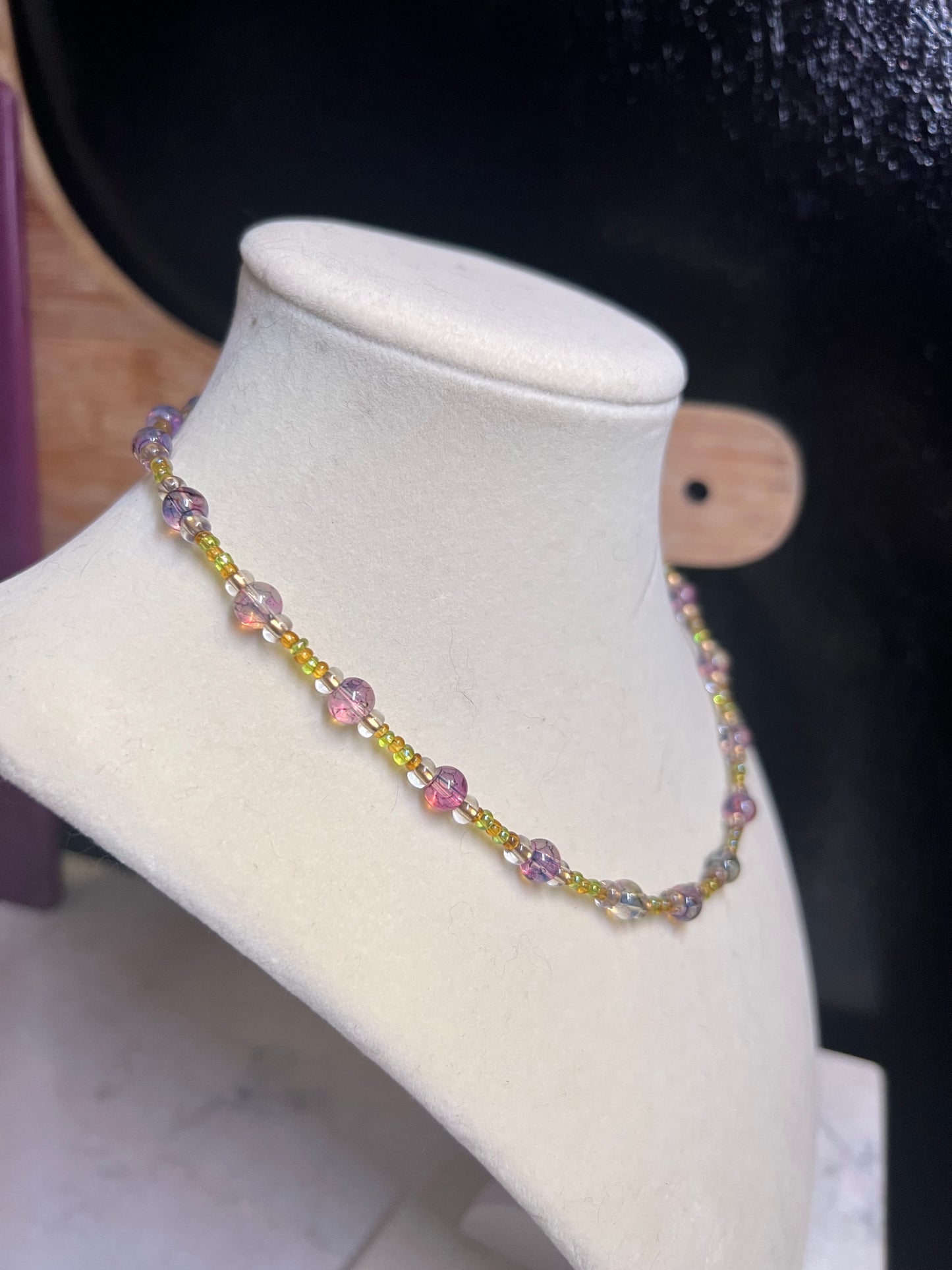 Purple and yellow glass bead necklace