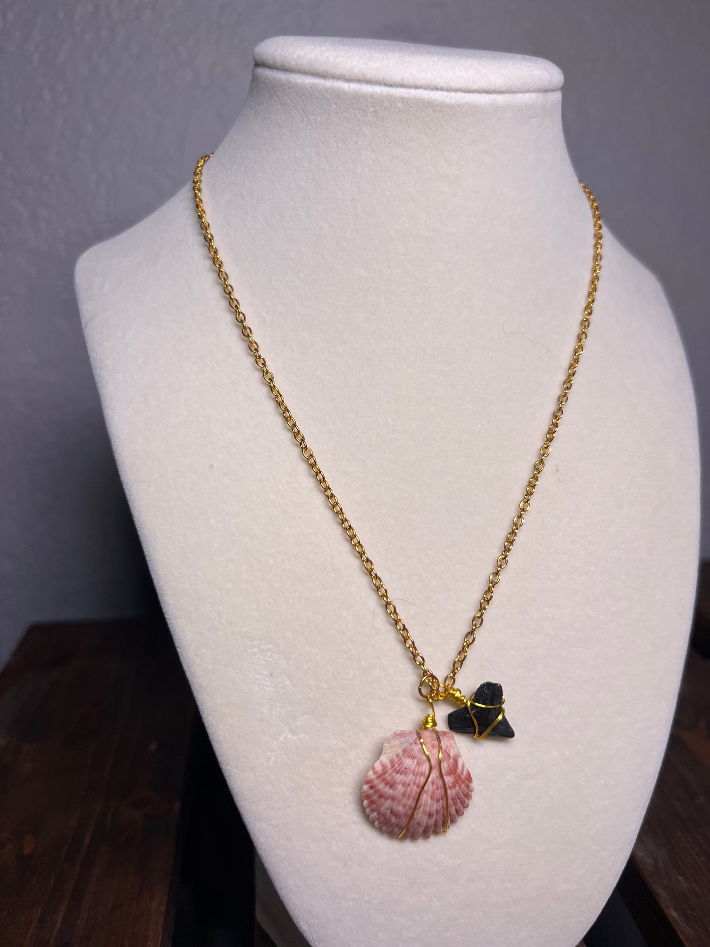 Wire wrapped sea shell & sharks tooth necklace