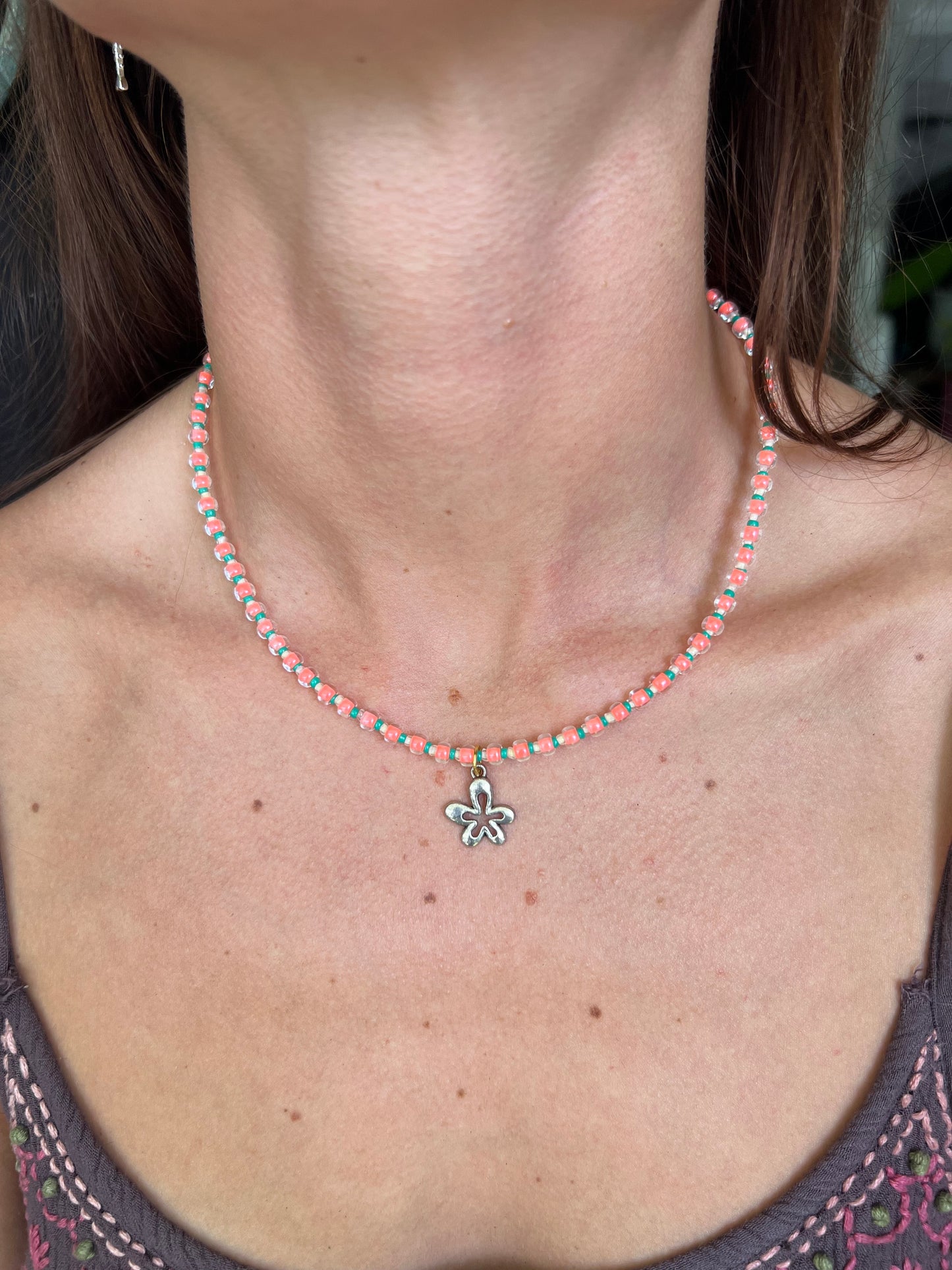 Coral & Blue Flower beaded necklace