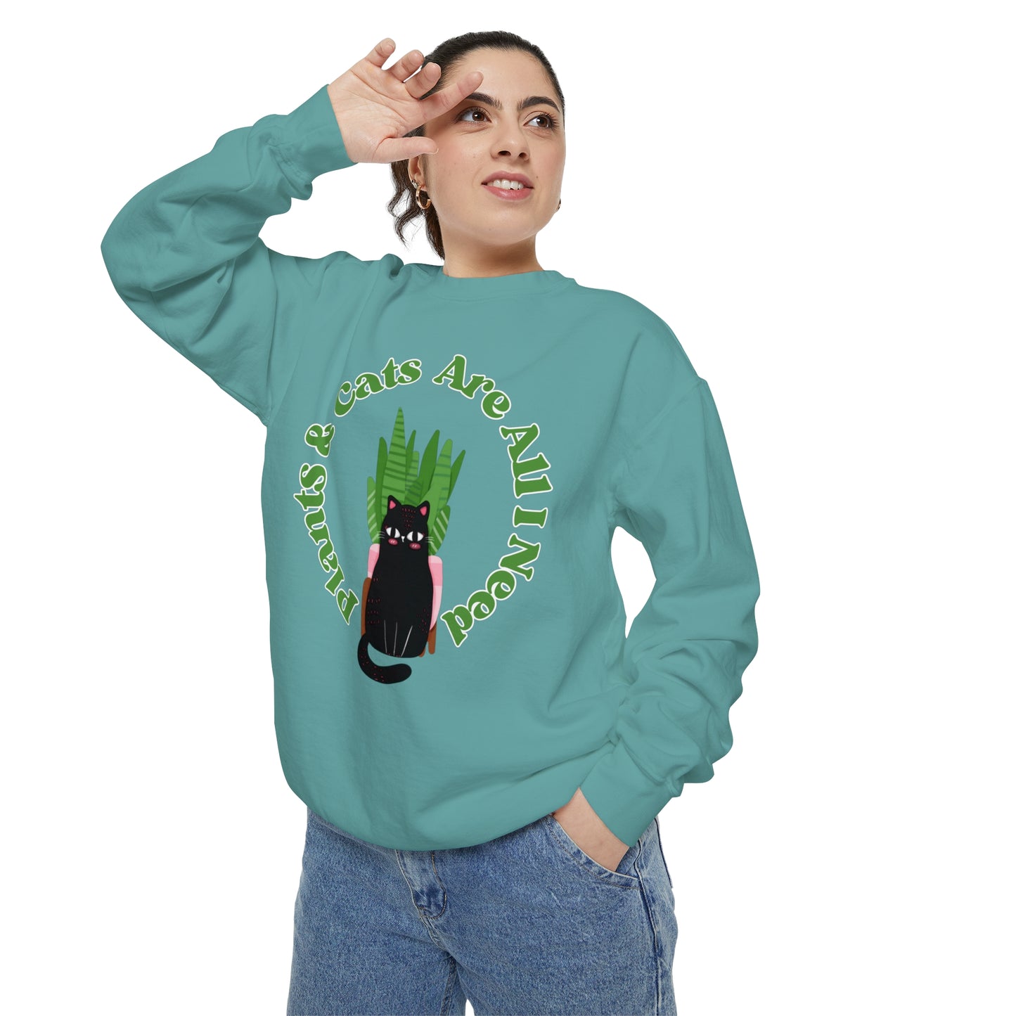 Plants & Cats Are All I Need Unisex Garment-Dyed Crewneck