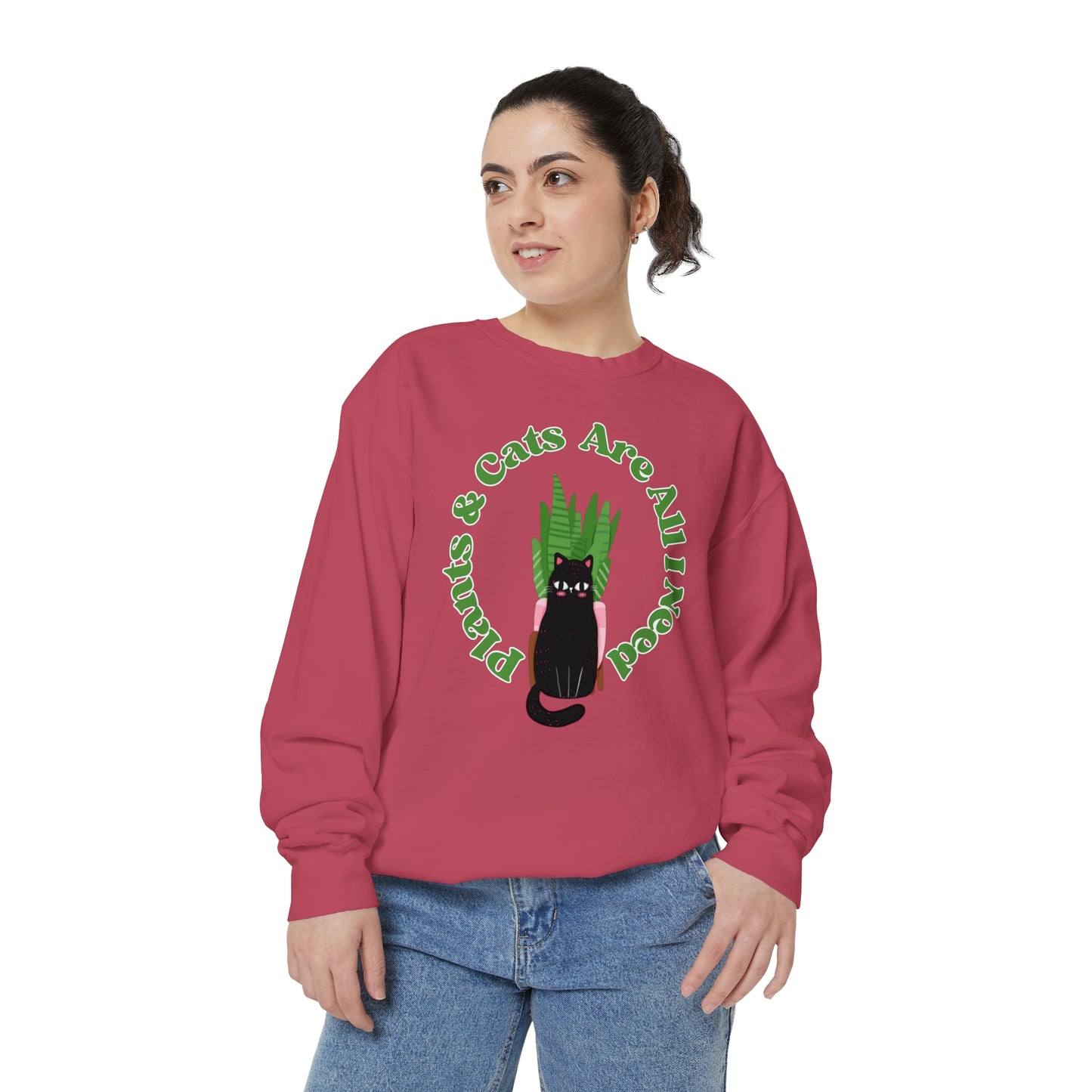 Plants & Cats Are All I Need Unisex Garment-Dyed Crewneck
