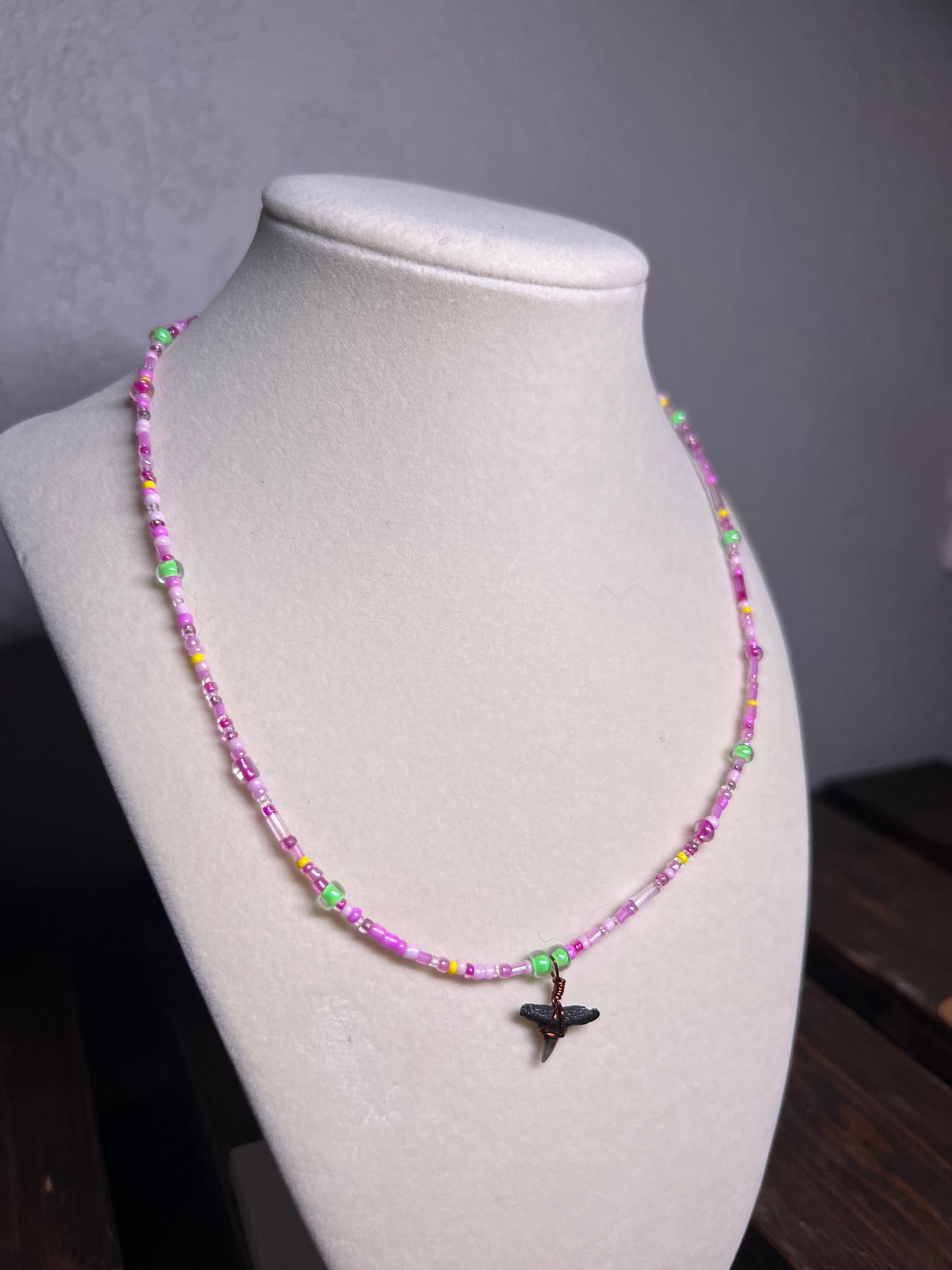 Wire wrapped sharks tooth beaded necklace