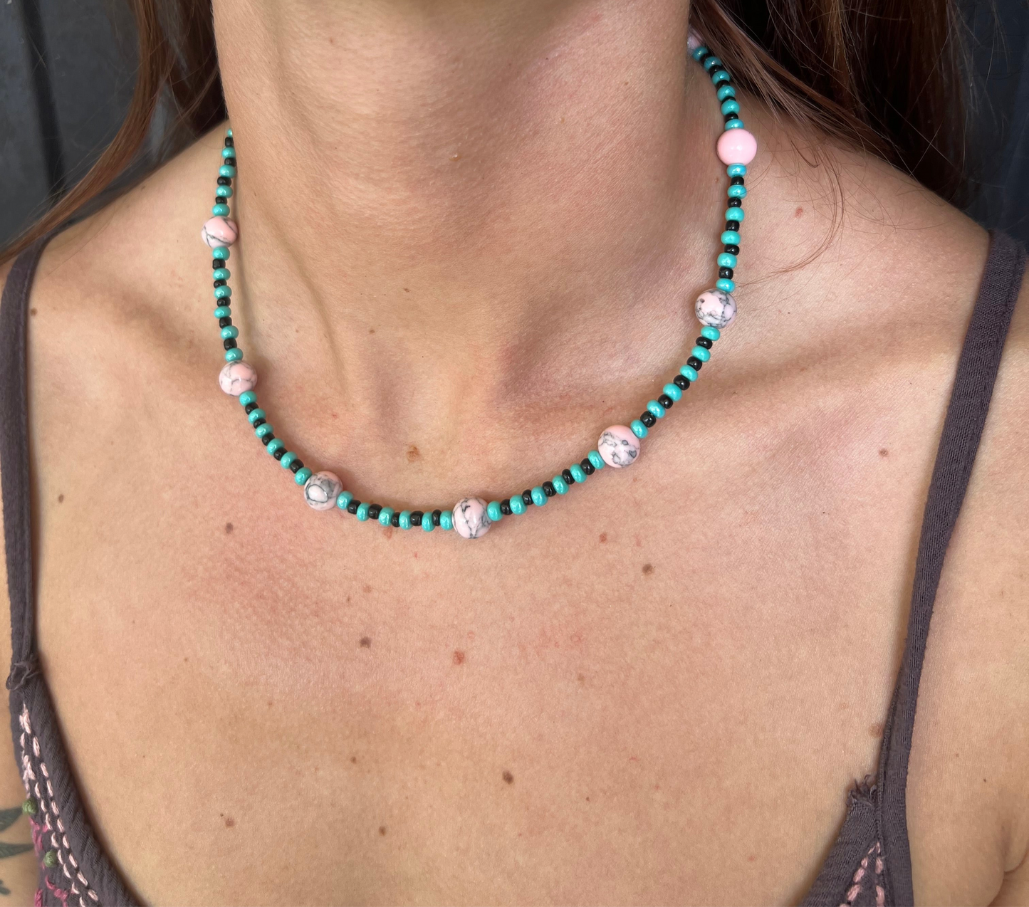 Pink and blue beaded necklace