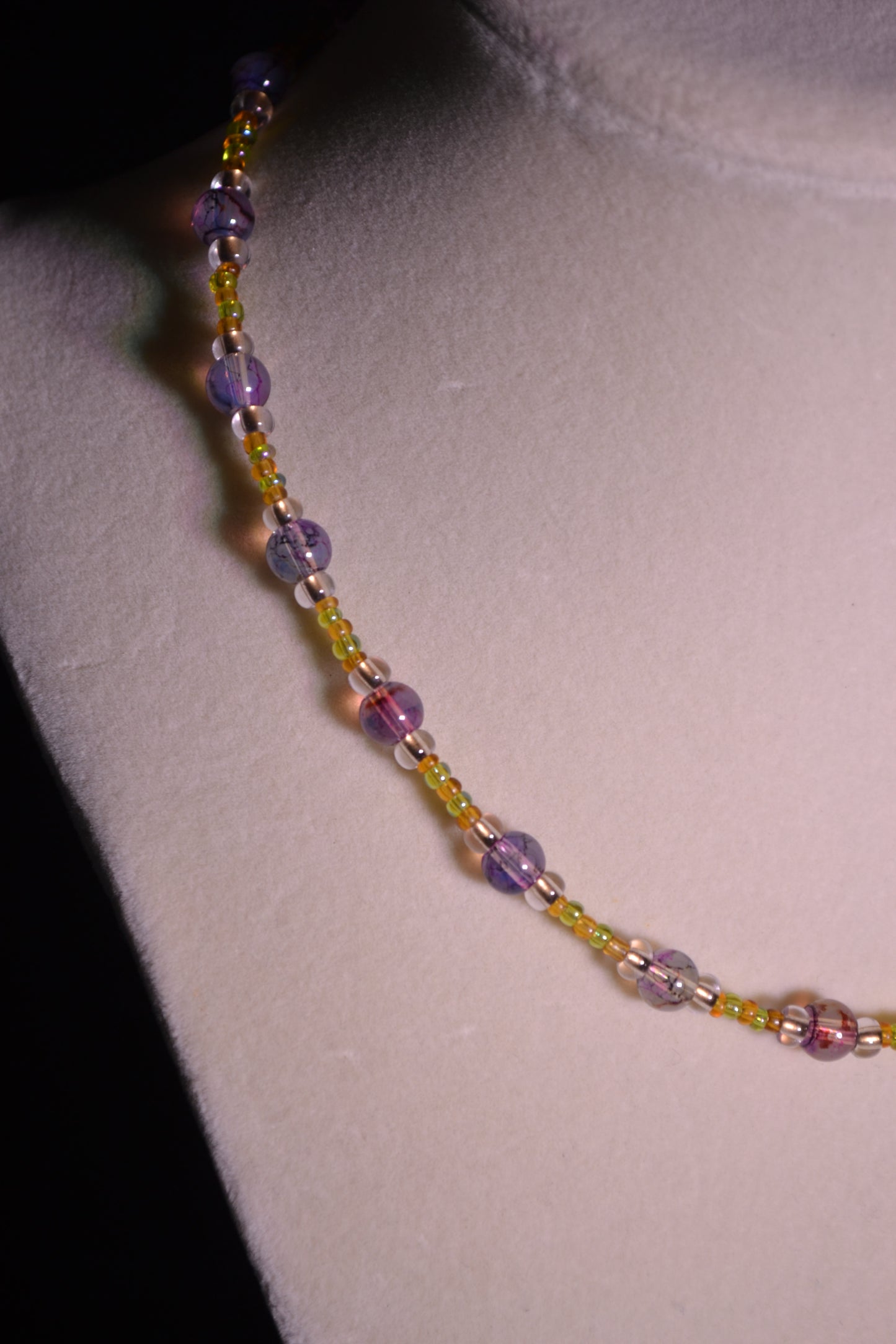 Purple and yellow glass bead necklace