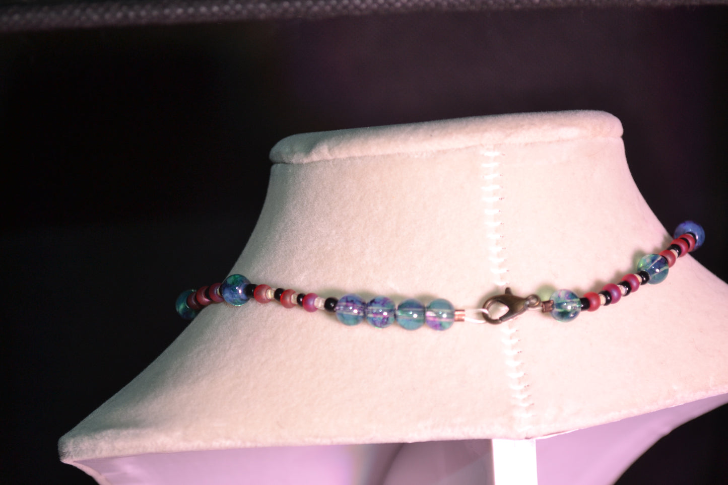 Red and blue glass bead choker