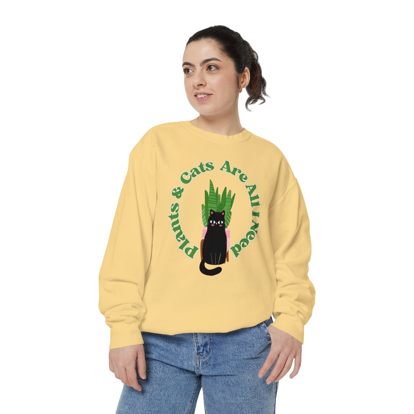 Plants & Cats Are All I Need Unisex Garment-Dyed Crewneck