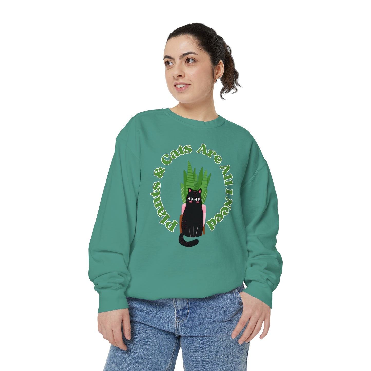 Plants & Cats Are All I Need Unisex Garment-Dyed Crewneck