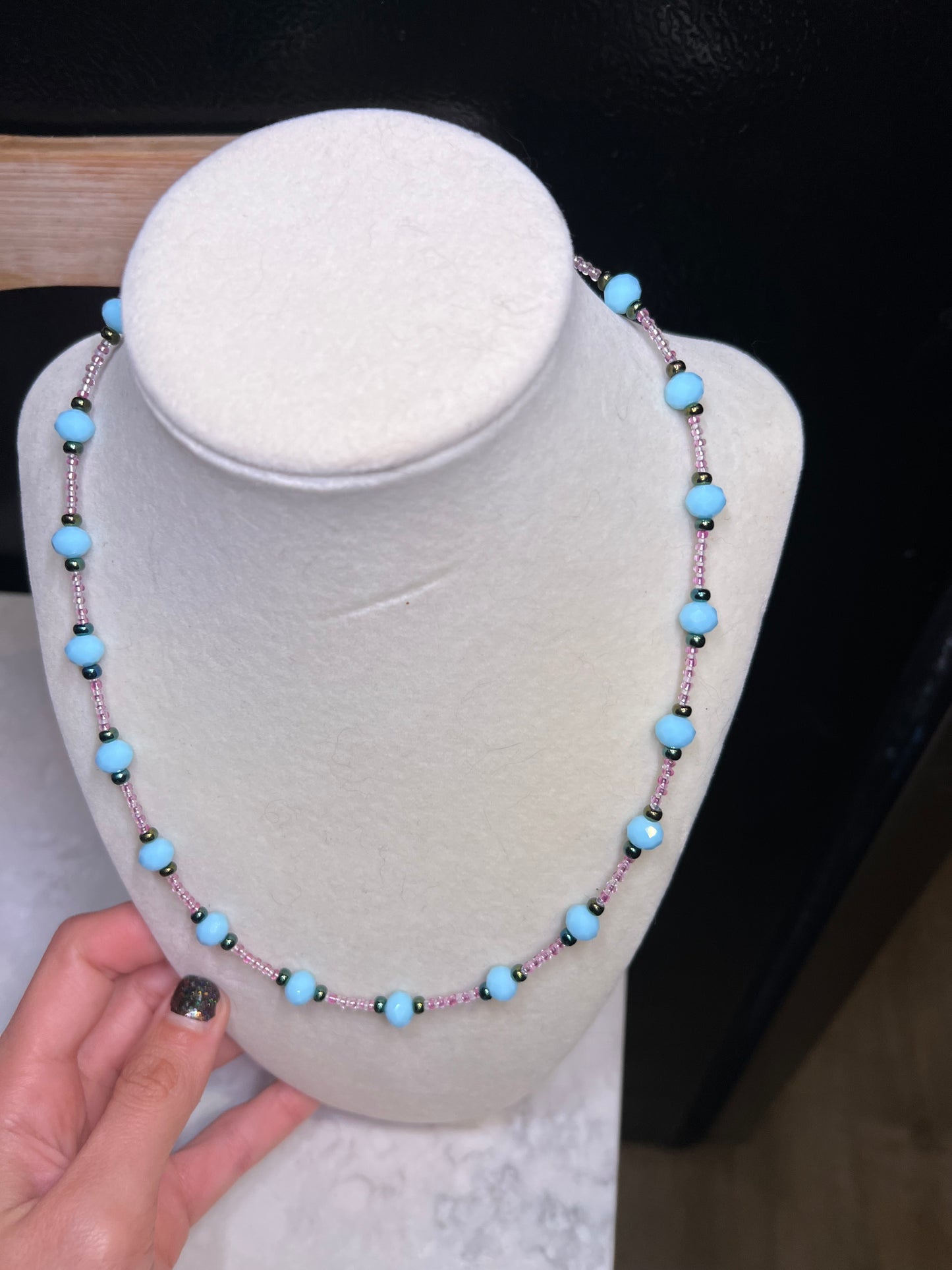 Blue and pink glass beaded neacklace
