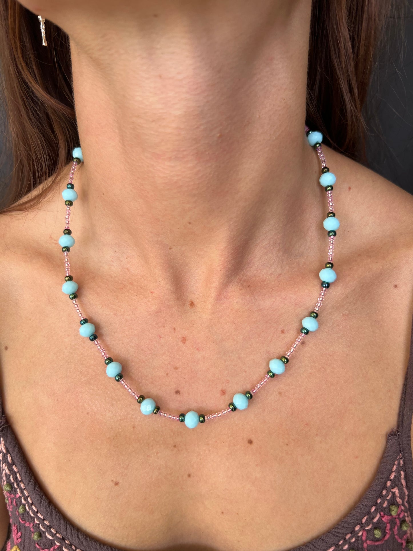 Blue and pink glass beaded neacklace