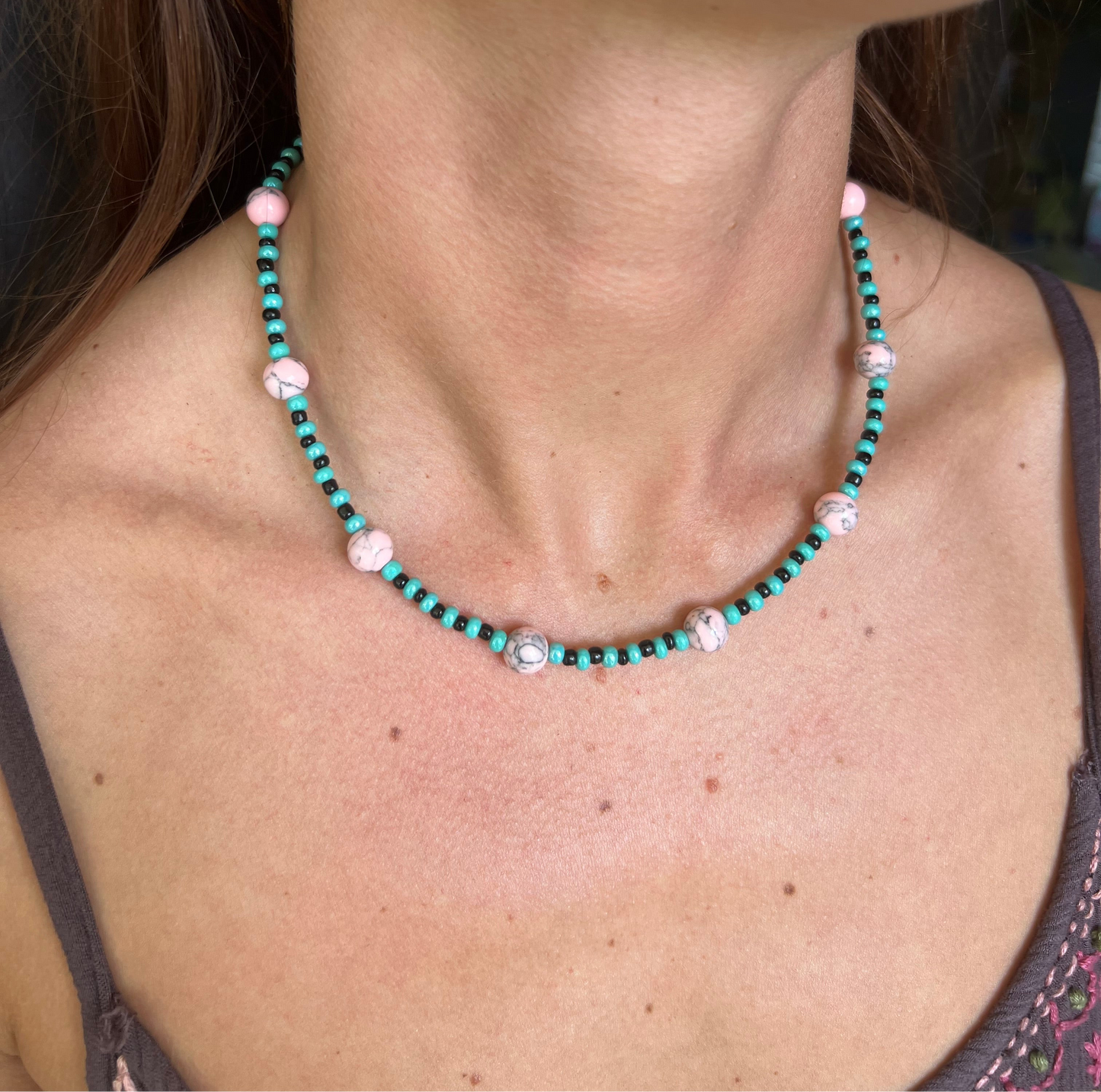 Pink and blue beaded necklace