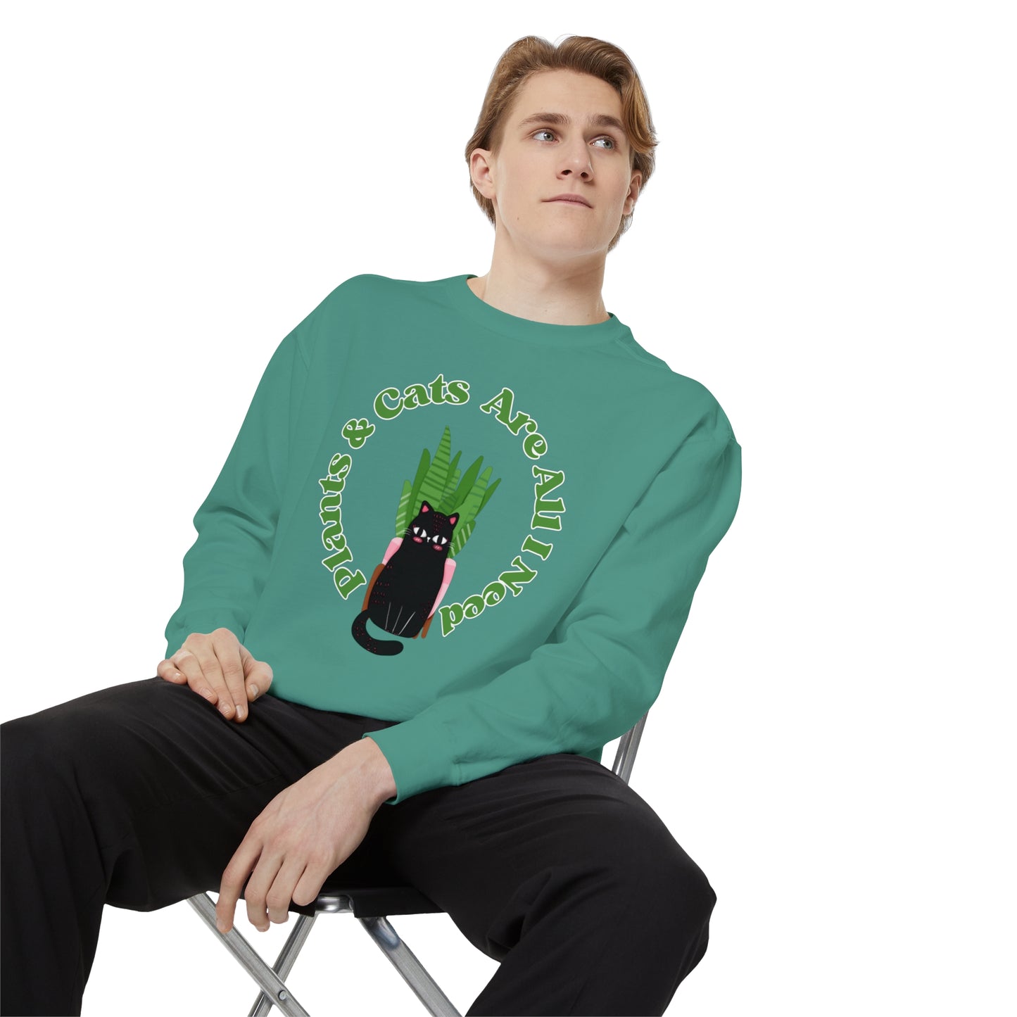 Plants & Cats Are All I Need Unisex Garment-Dyed Crewneck