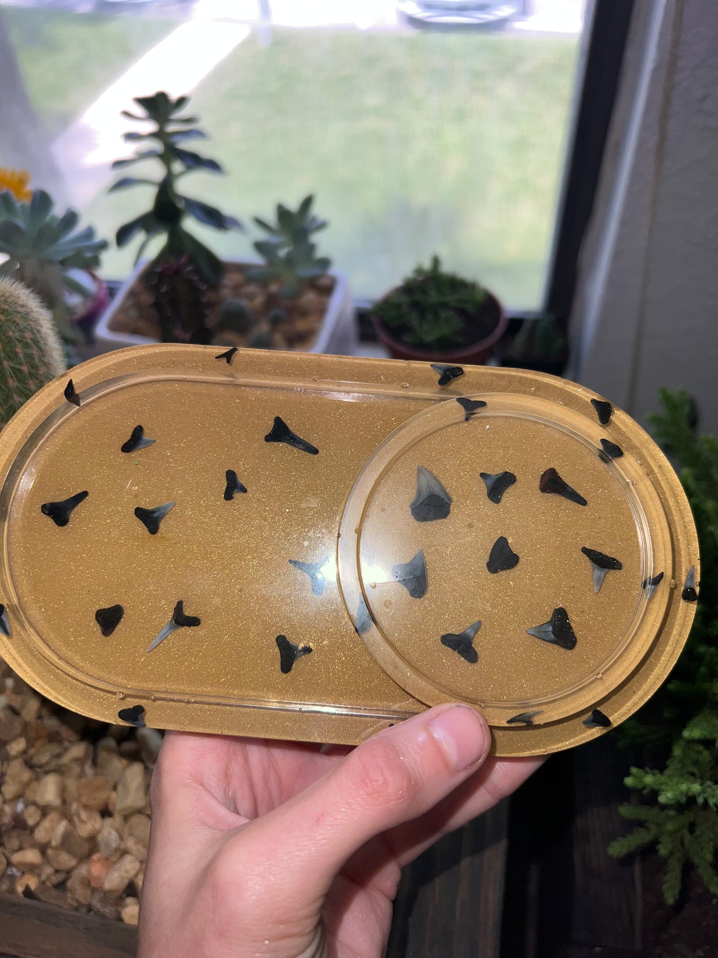 Handmade gold sharks tooth trinket dish & coaster set