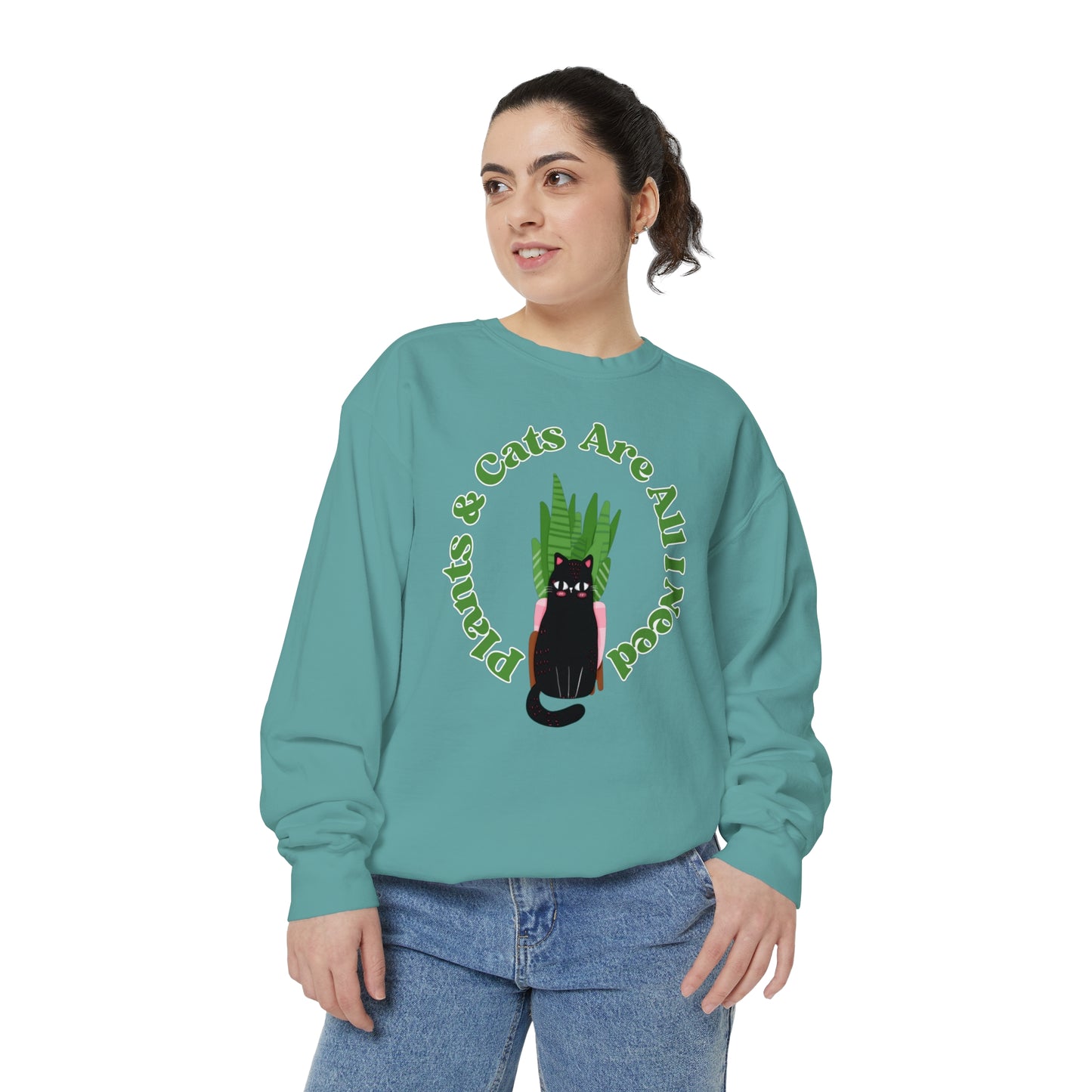 Plants & Cats Are All I Need Unisex Garment-Dyed Crewneck
