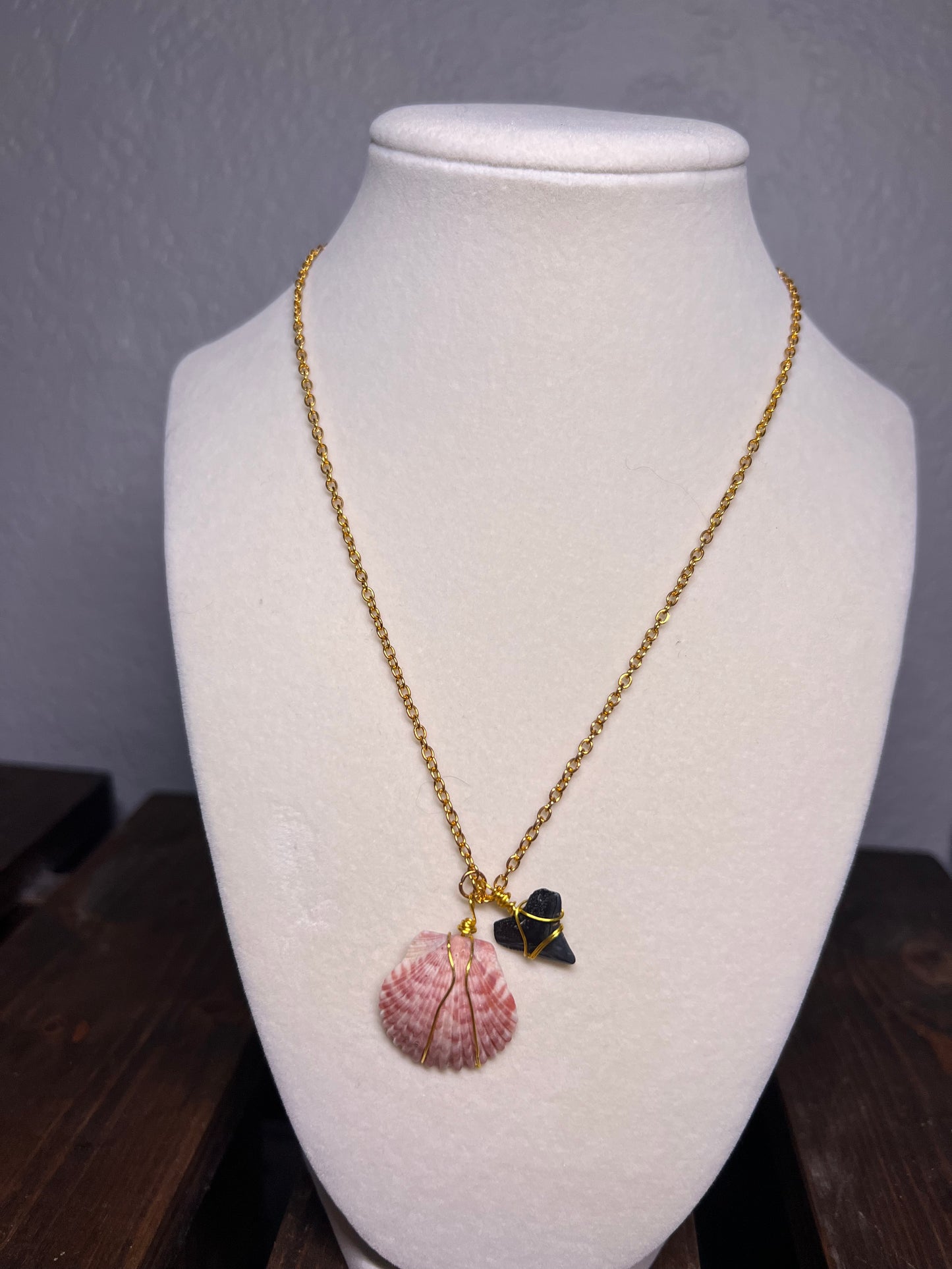 Wire wrapped sea shell & sharks tooth necklace