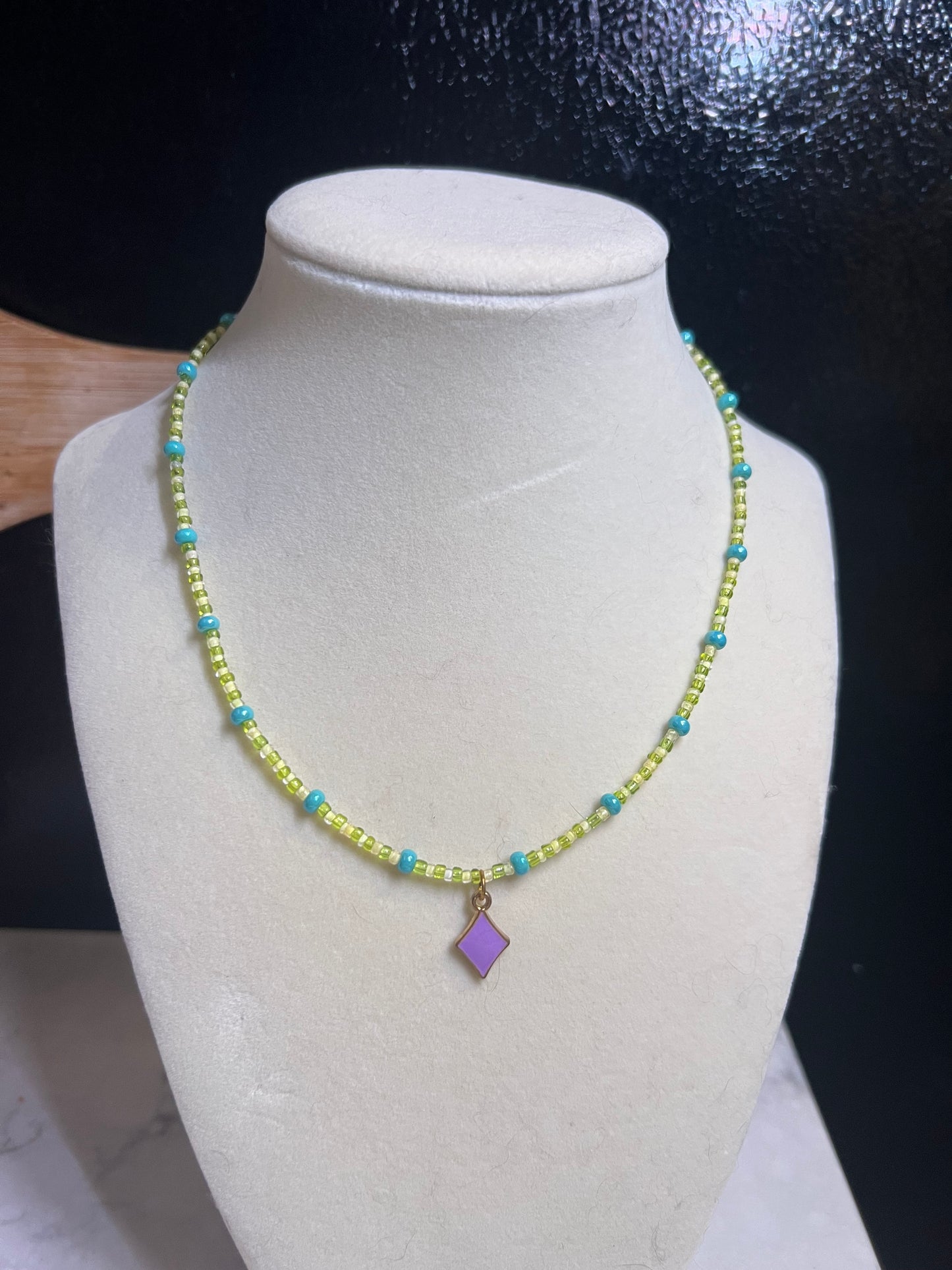 Diamond pendant glass bead necklace