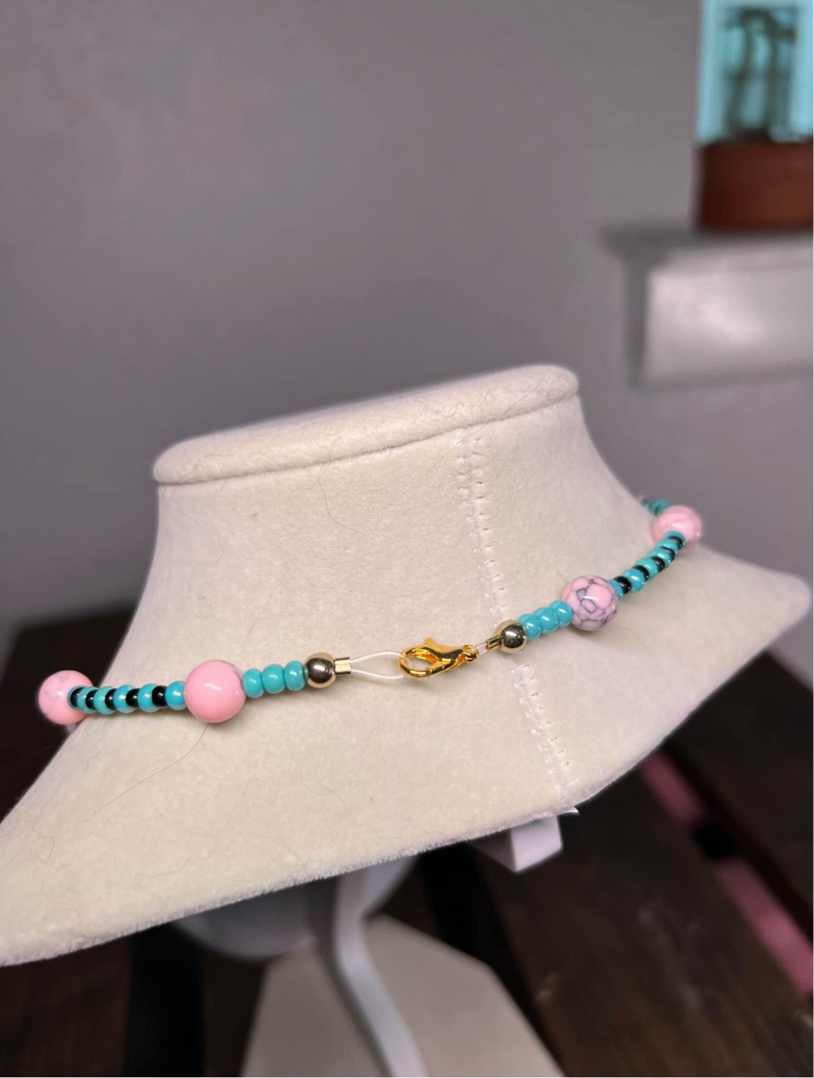 Pink and blue beaded necklace