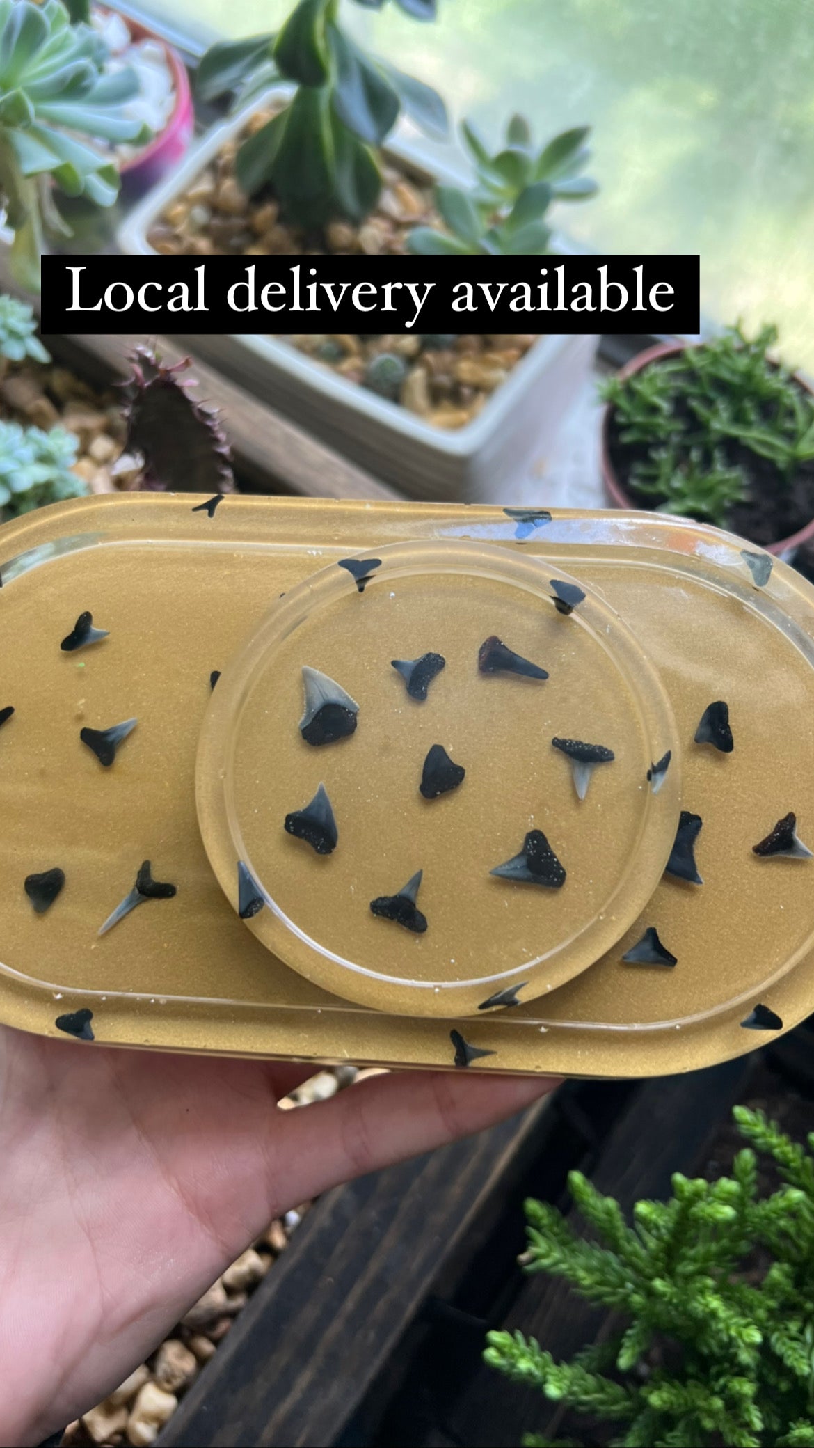 Handmade gold sharks tooth trinket dish & coaster set