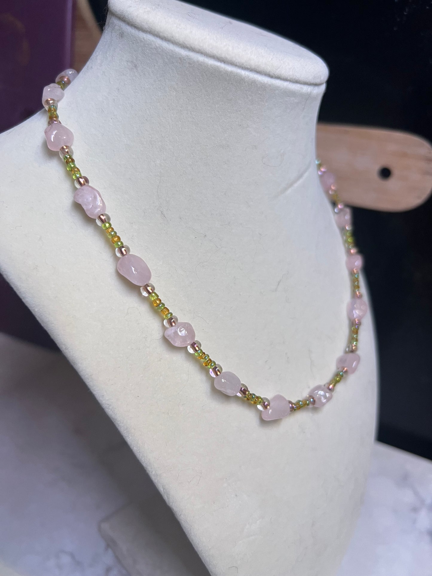 Pink and green glass bead necklace
