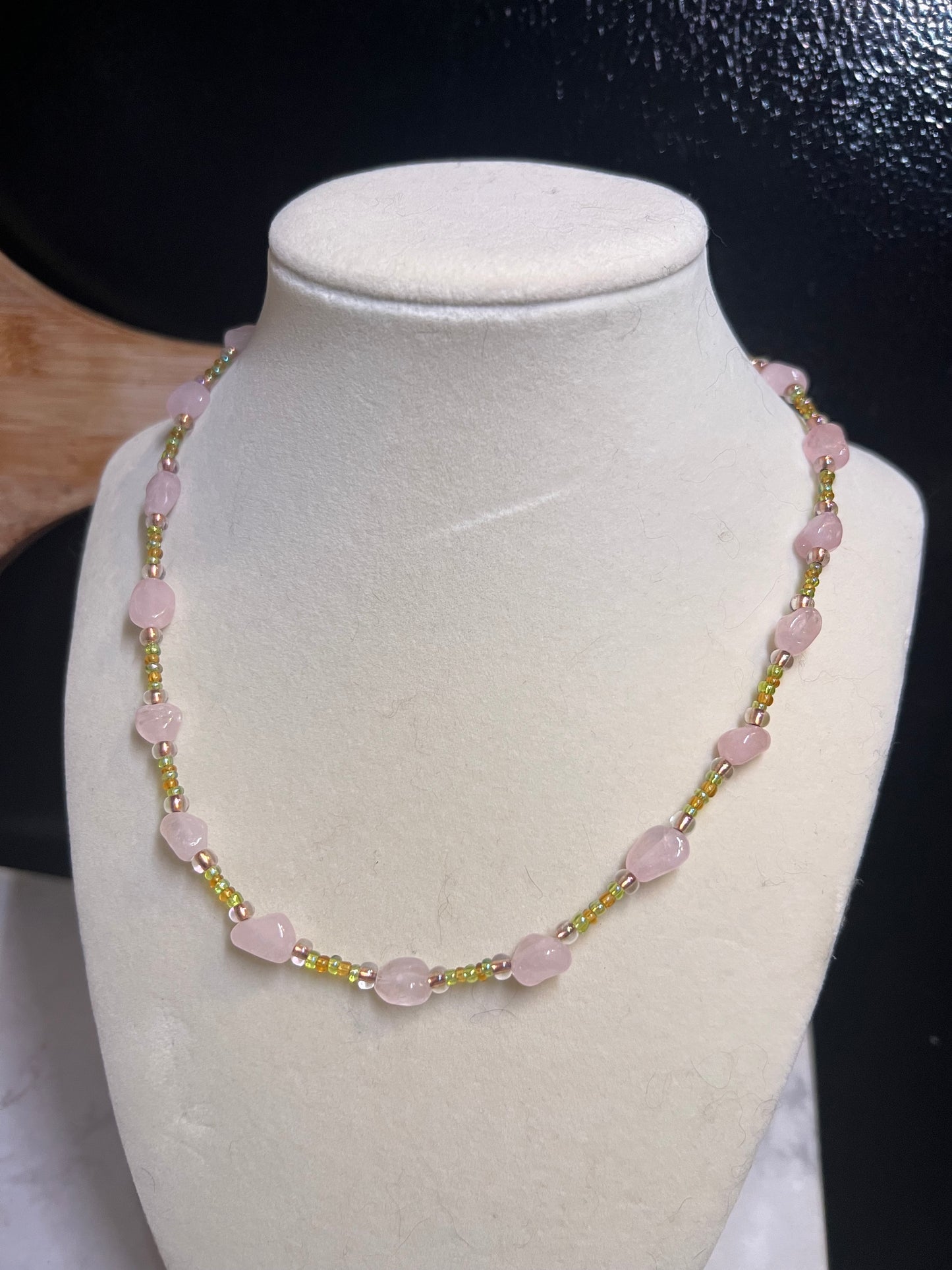 Pink and green glass bead necklace