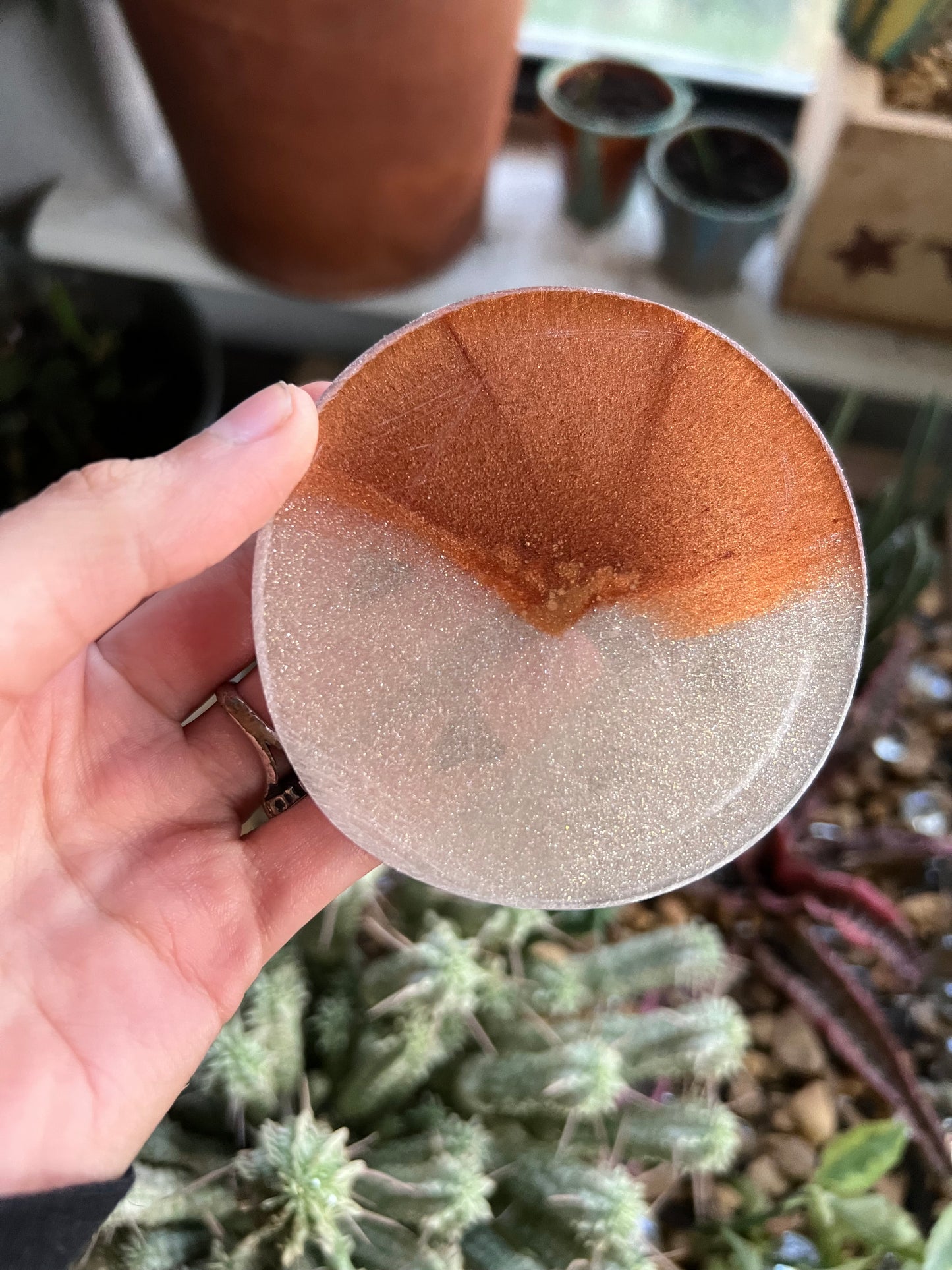 Handmade sharks tooth trinket dish & coaster set. Copper & pearl