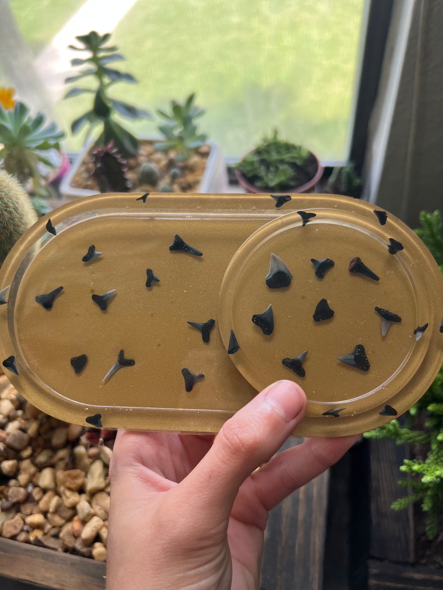 Handmade gold sharks tooth trinket dish & coaster set