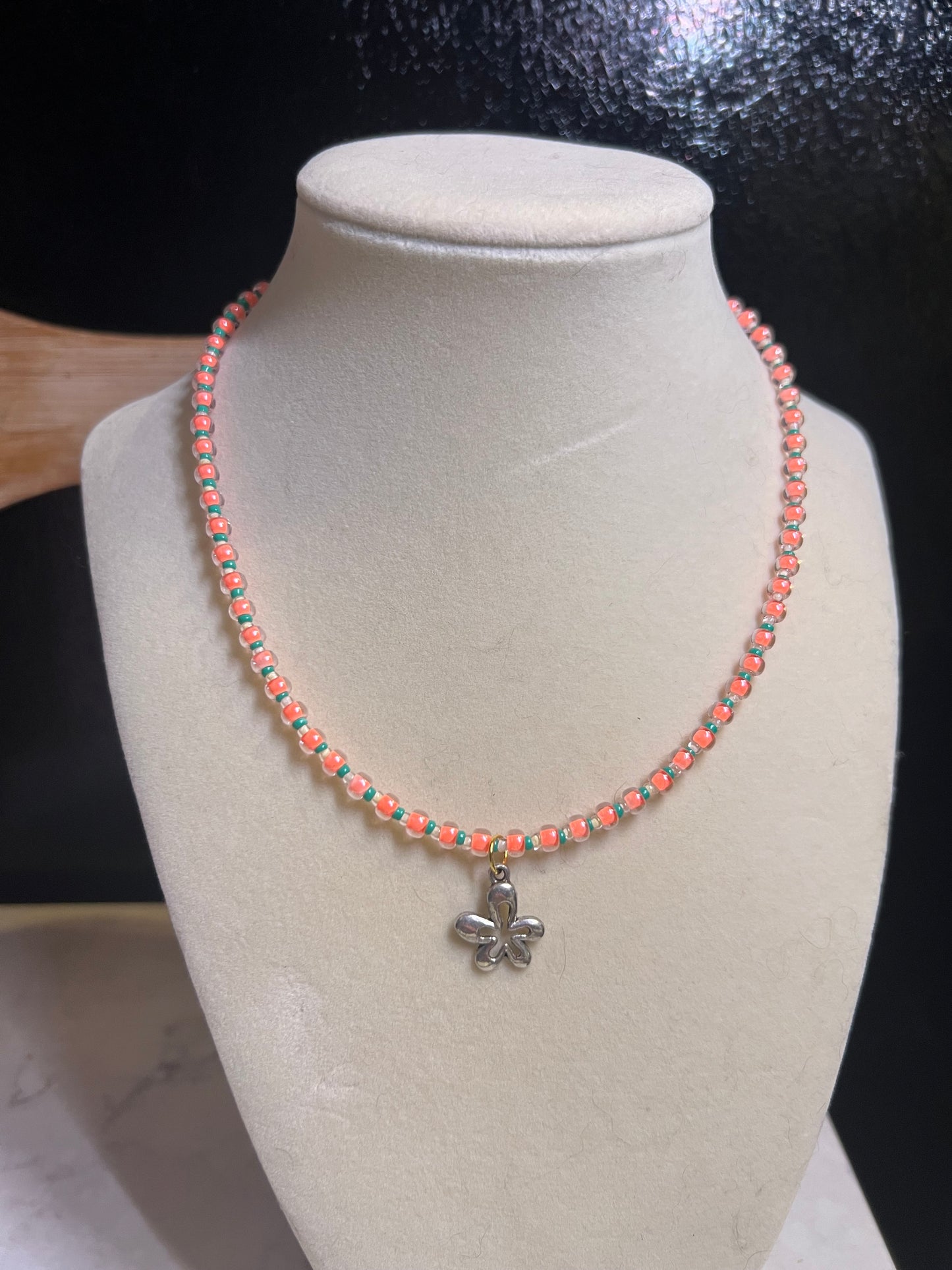 Coral & Blue Flower beaded necklace