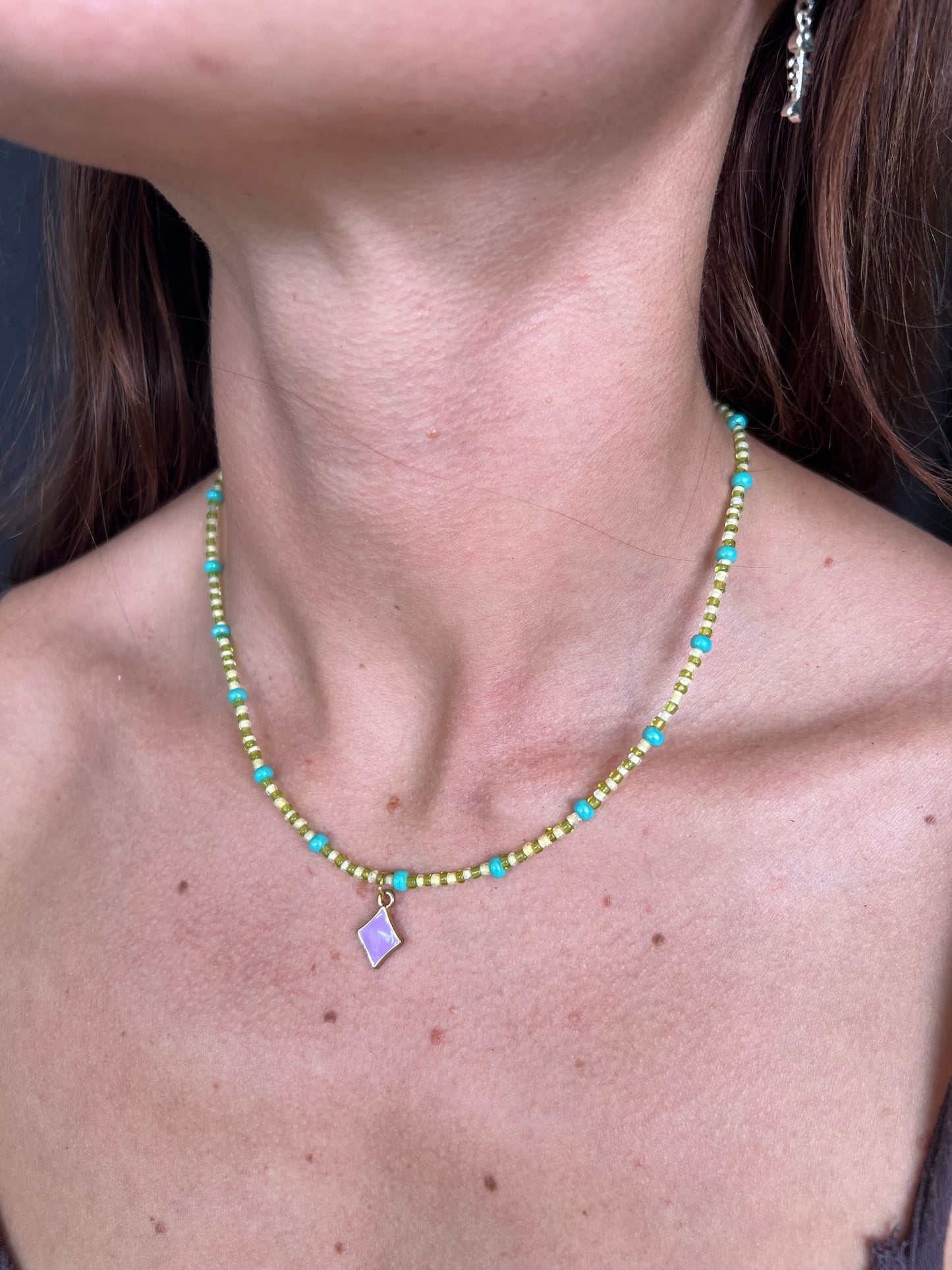 Diamond pendant glass bead necklace