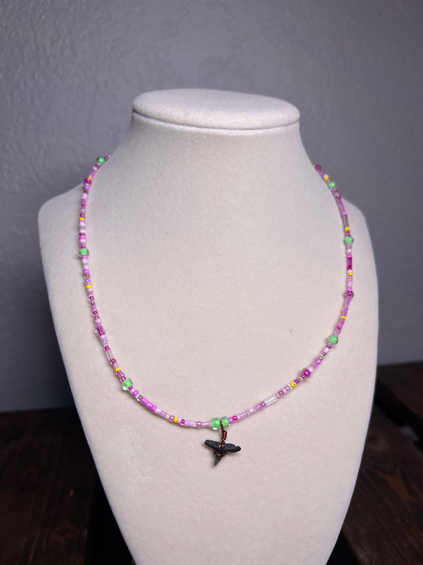 Wire wrapped sharks tooth beaded necklace