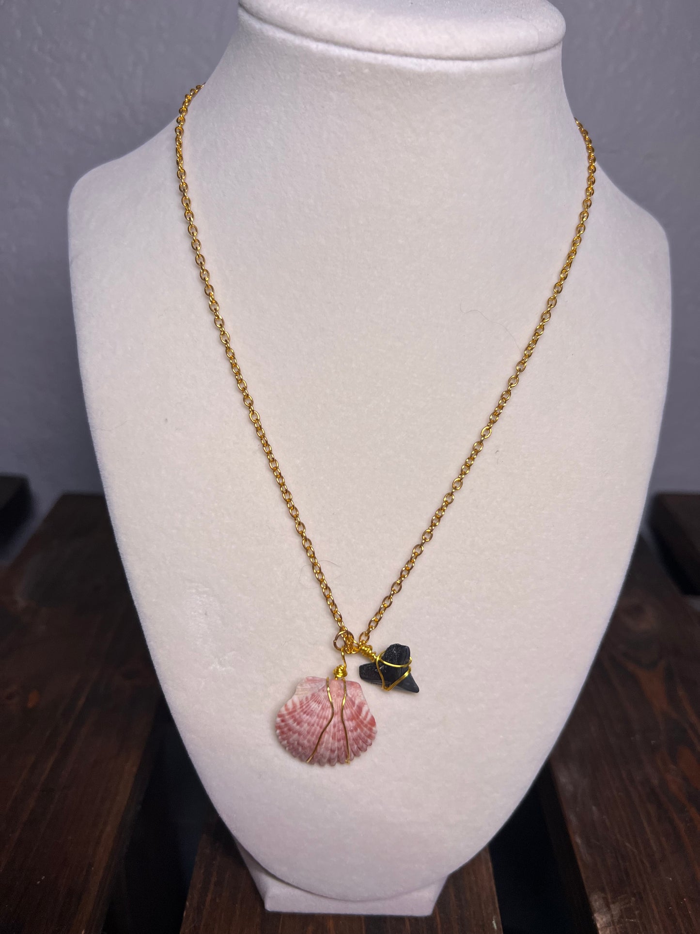 Wire wrapped sea shell & sharks tooth necklace
