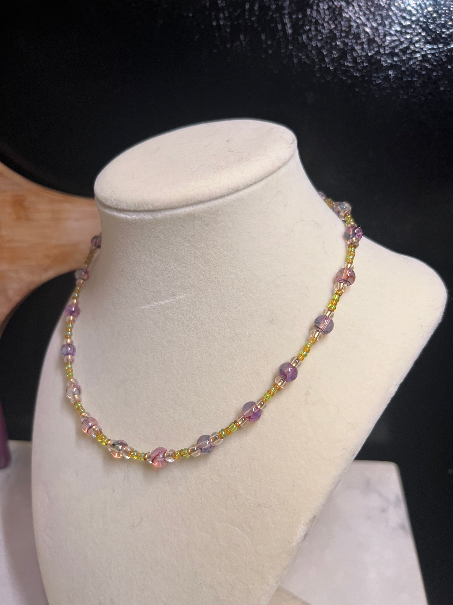 Purple and yellow glass bead necklace