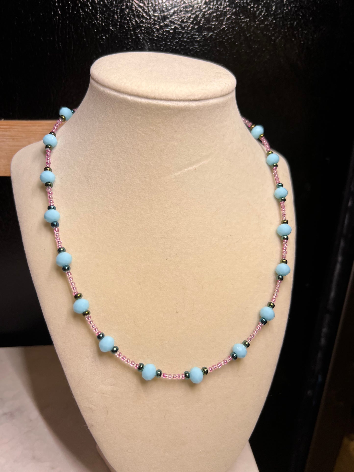 Blue and pink glass beaded neacklace