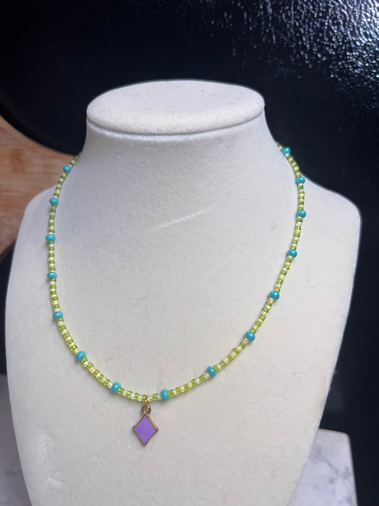 Diamond pendant glass bead necklace